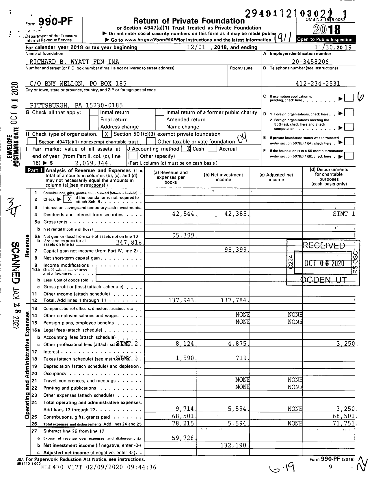 Image of first page of 2018 Form 990PF for Richard B Wyatt Fdn-Ima