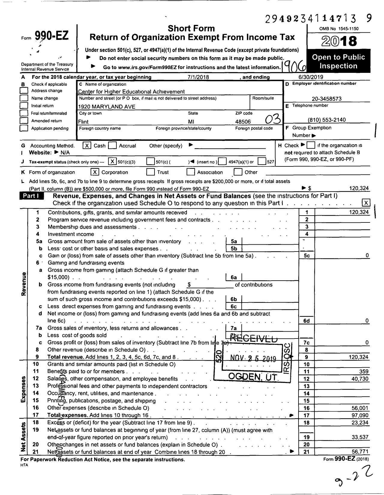 Image of first page of 2018 Form 990EZ for Center for Higher Educational Achievement