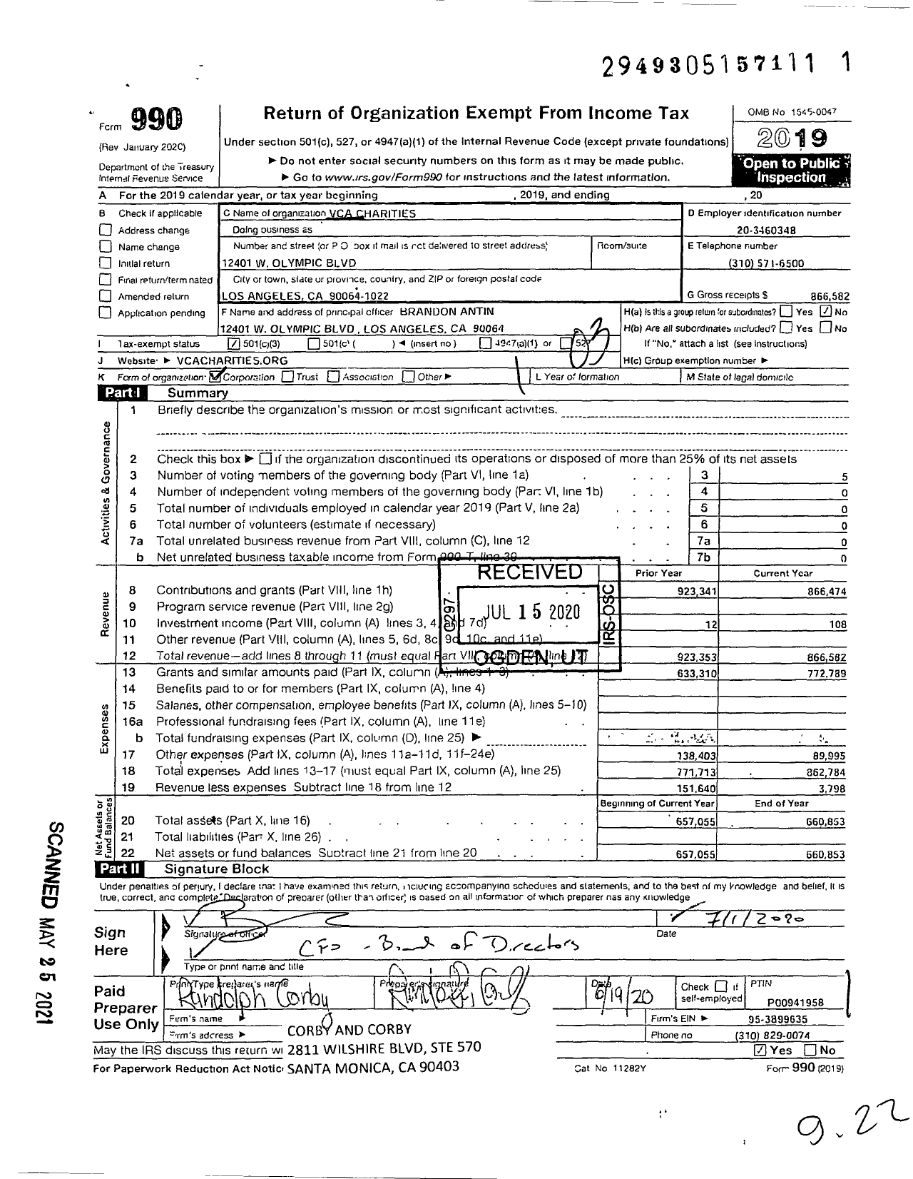 Image of first page of 2019 Form 990 for Vca Charities