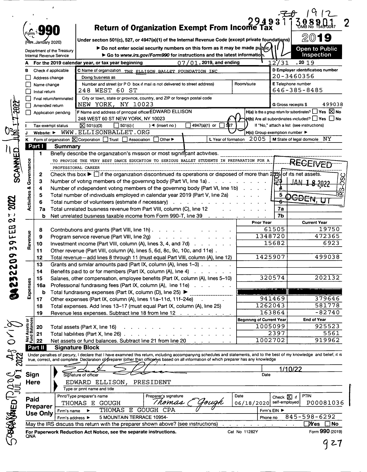 Image of first page of 2019 Form 990 for Ellison Ballet Foundation