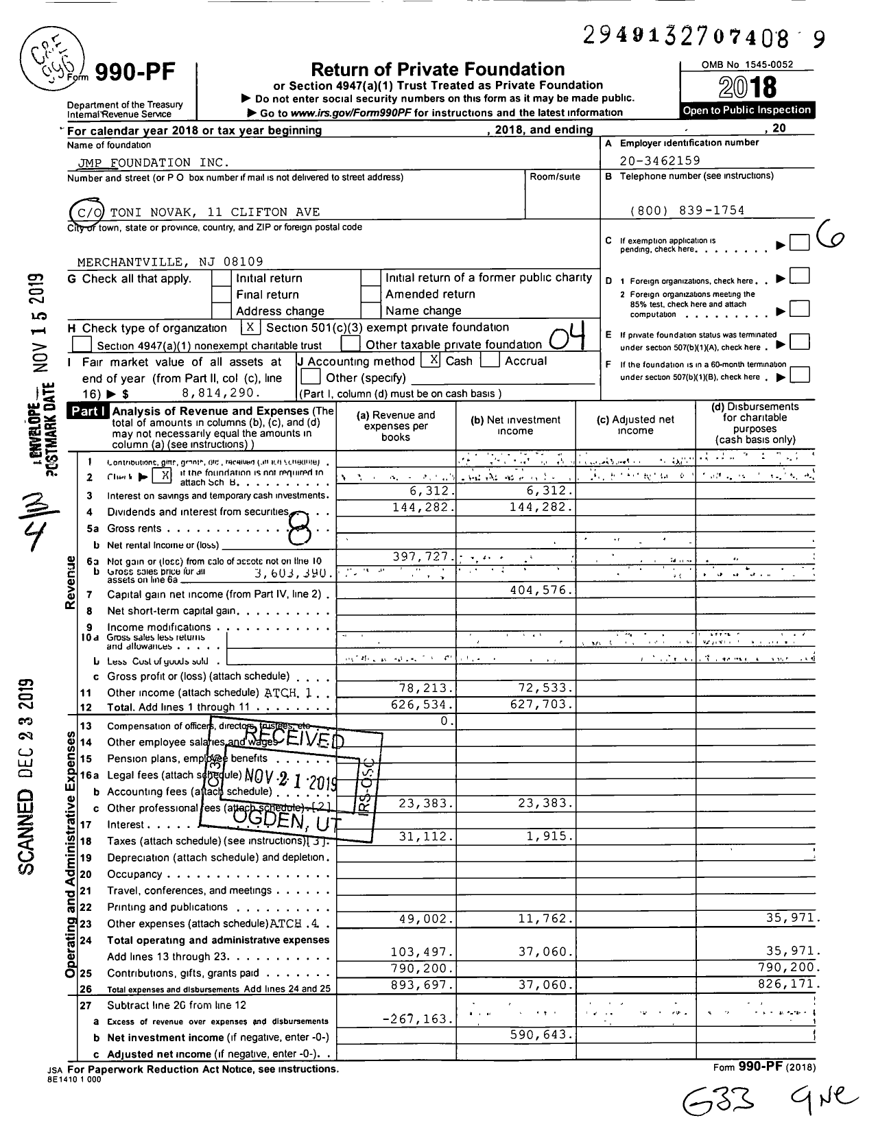 Image of first page of 2018 Form 990PF for JMP Foundation