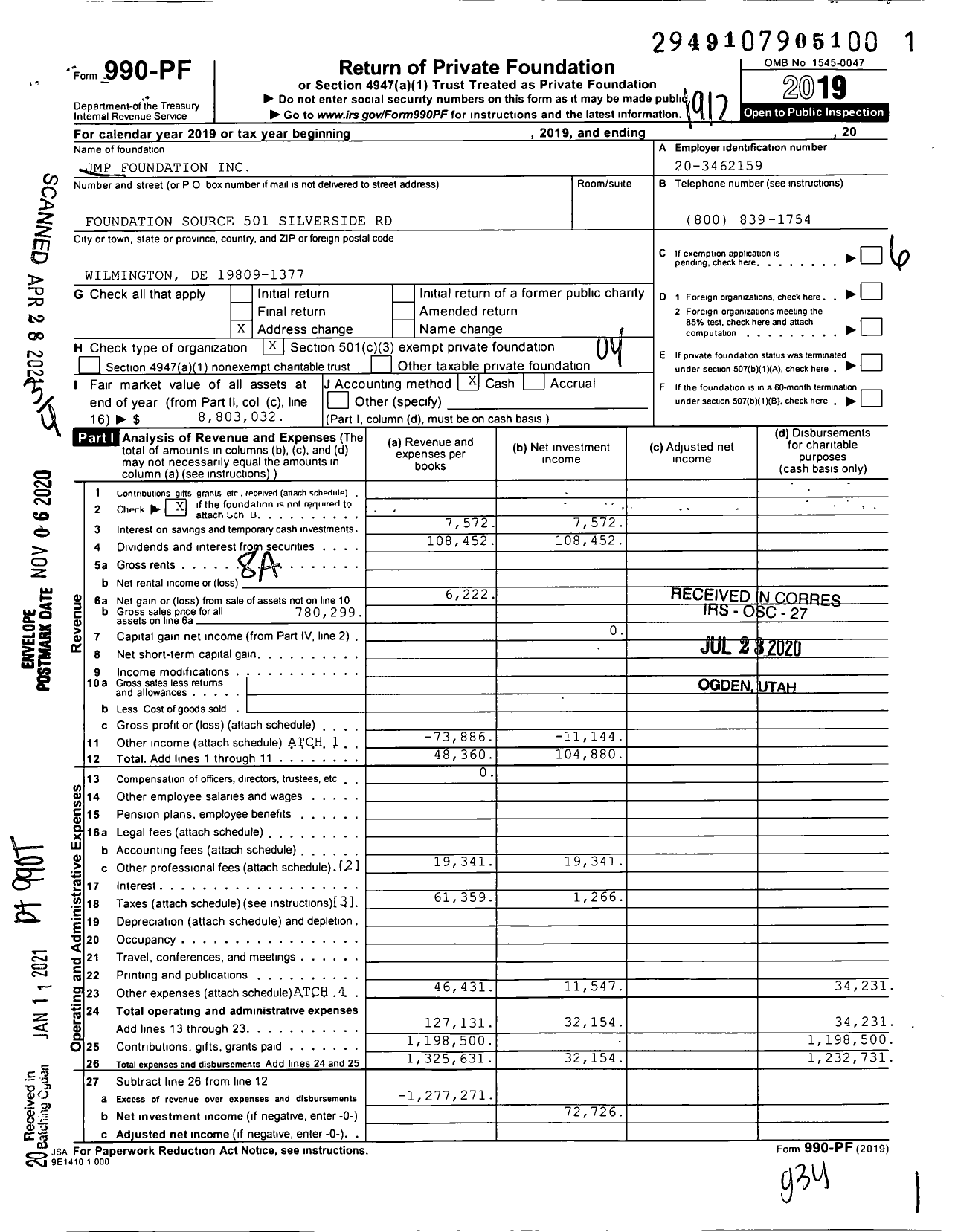 Image of first page of 2019 Form 990PF for JMP Foundation