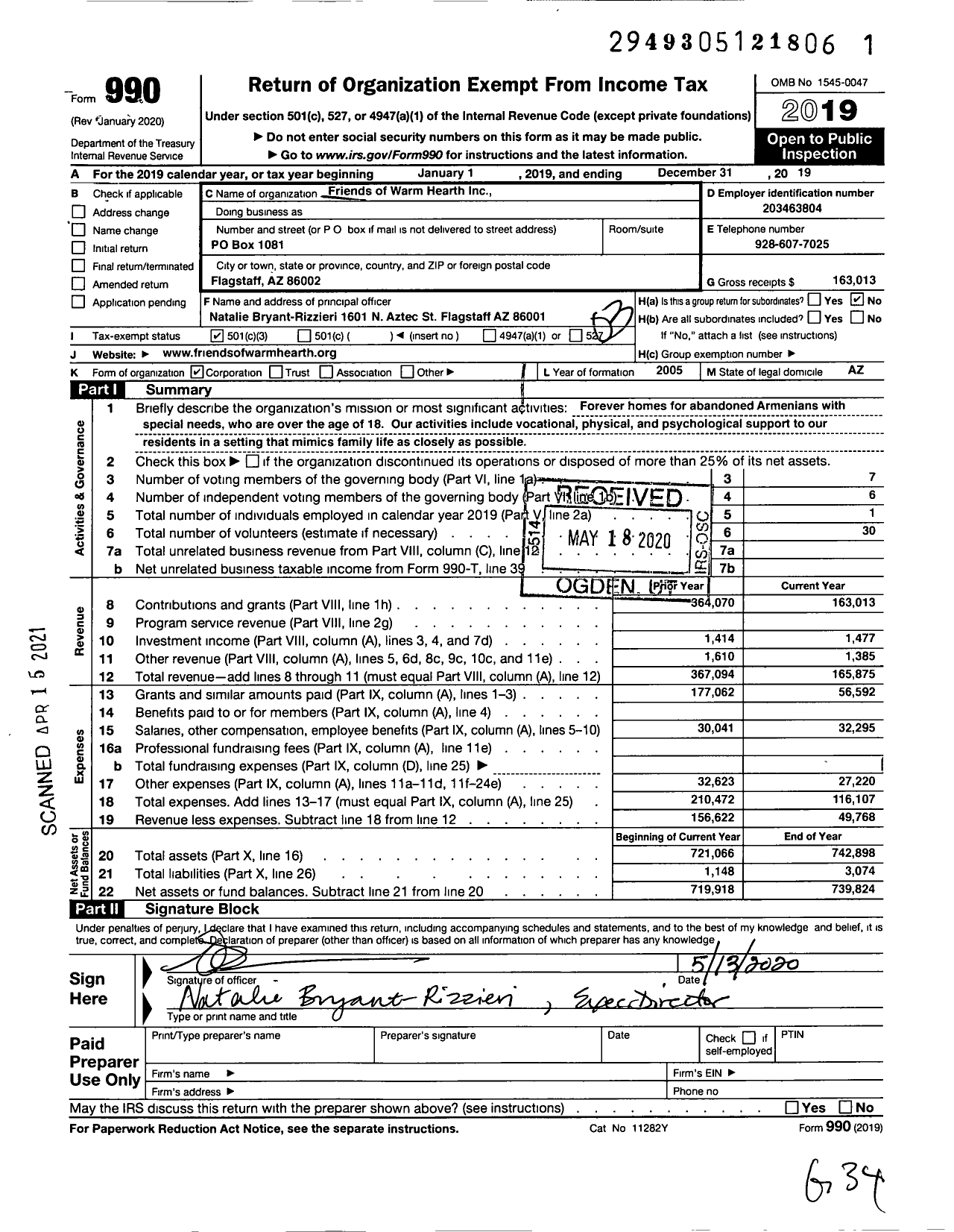 Image of first page of 2019 Form 990 for Friends of Warm Hearth