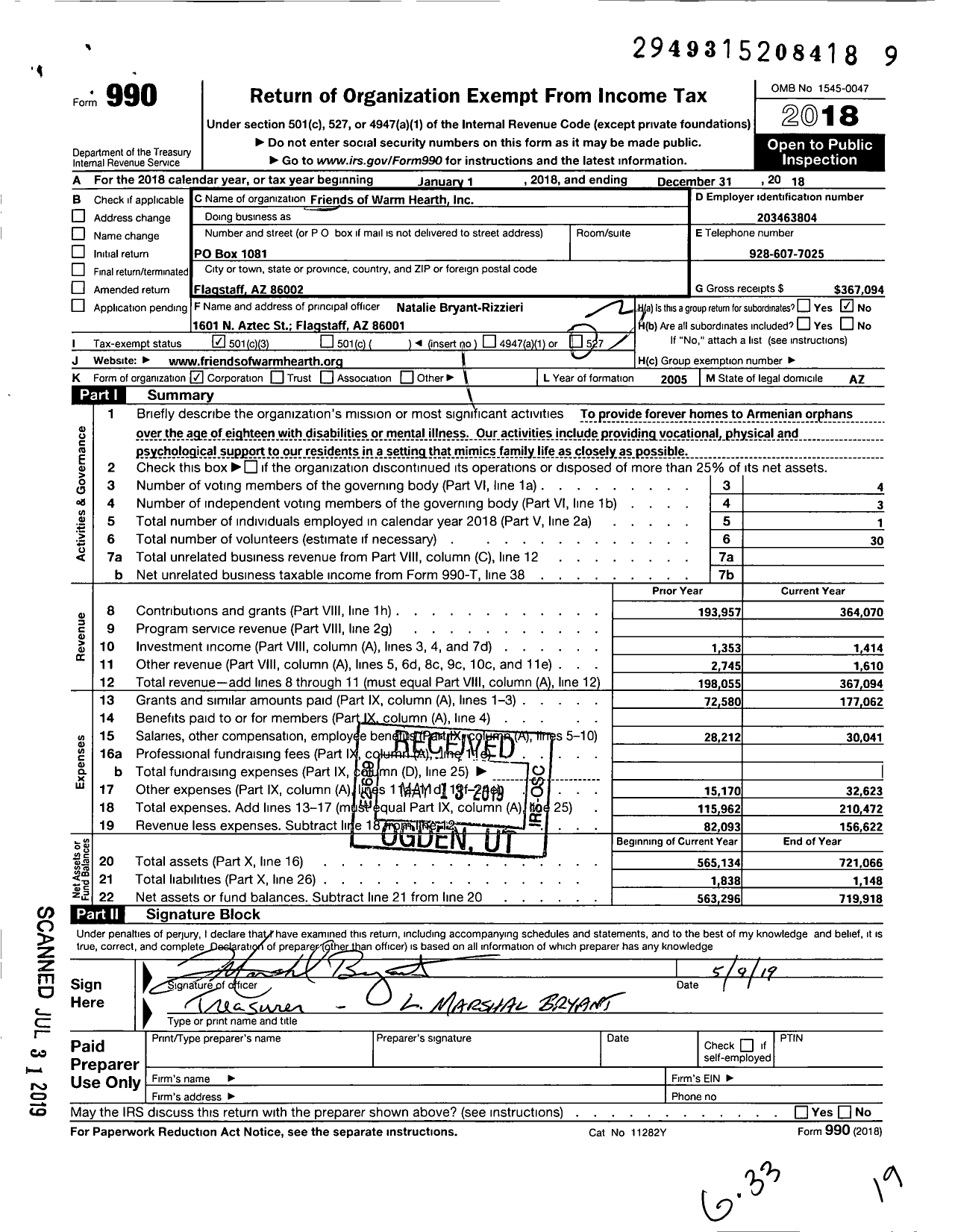 Image of first page of 2018 Form 990 for Friends of Warm Hearth