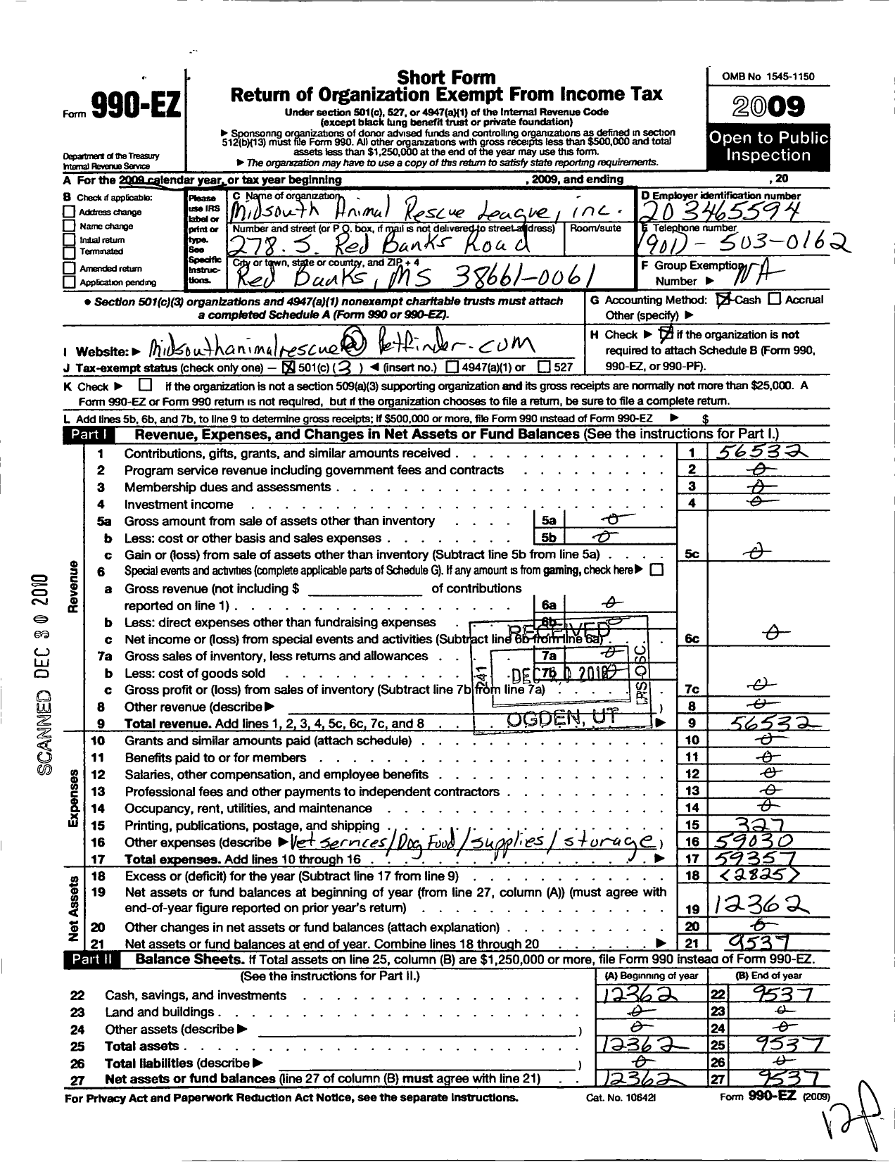 Image of first page of 2009 Form 990EZ for Midsouth Animal Rescue League