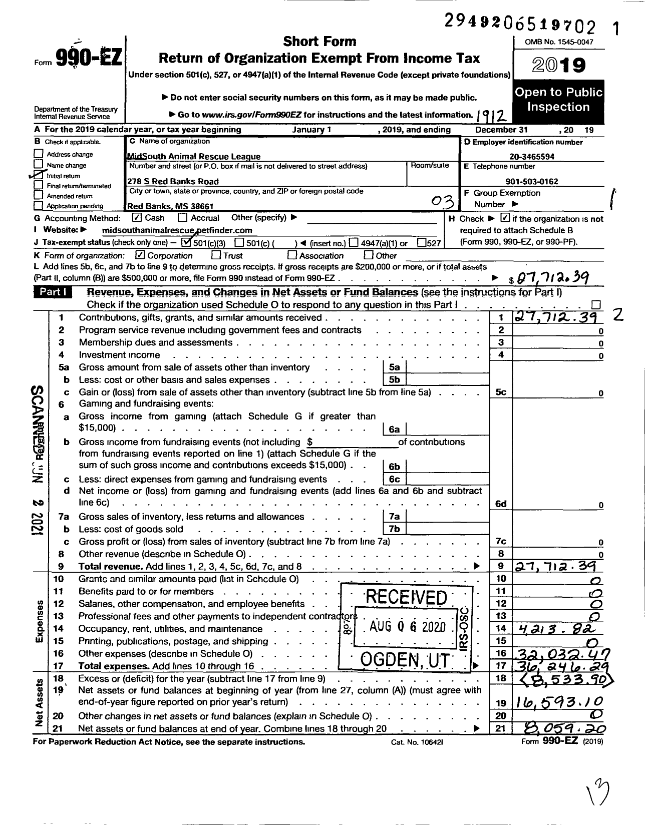 Image of first page of 2019 Form 990EZ for Midsouth Animal Rescue League