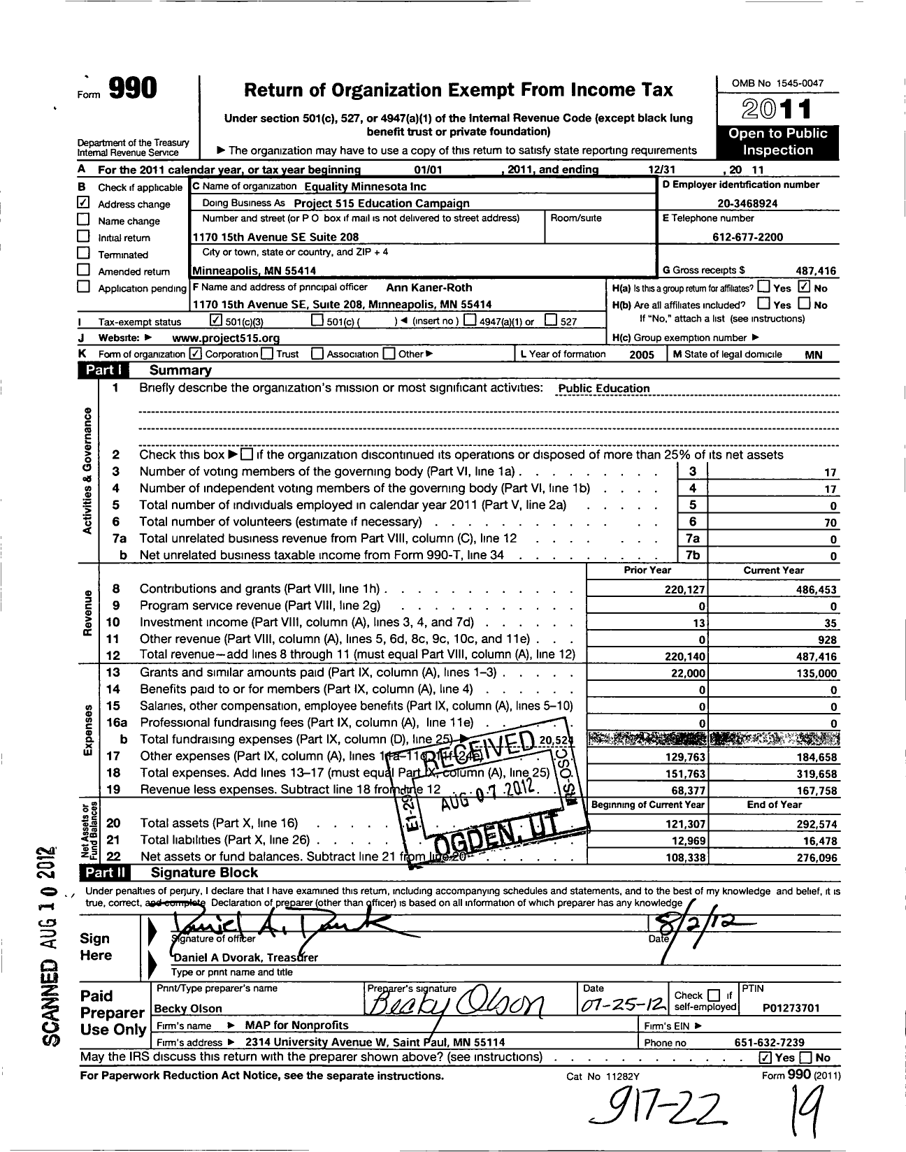 Image of first page of 2011 Form 990 for Equality Minnesota