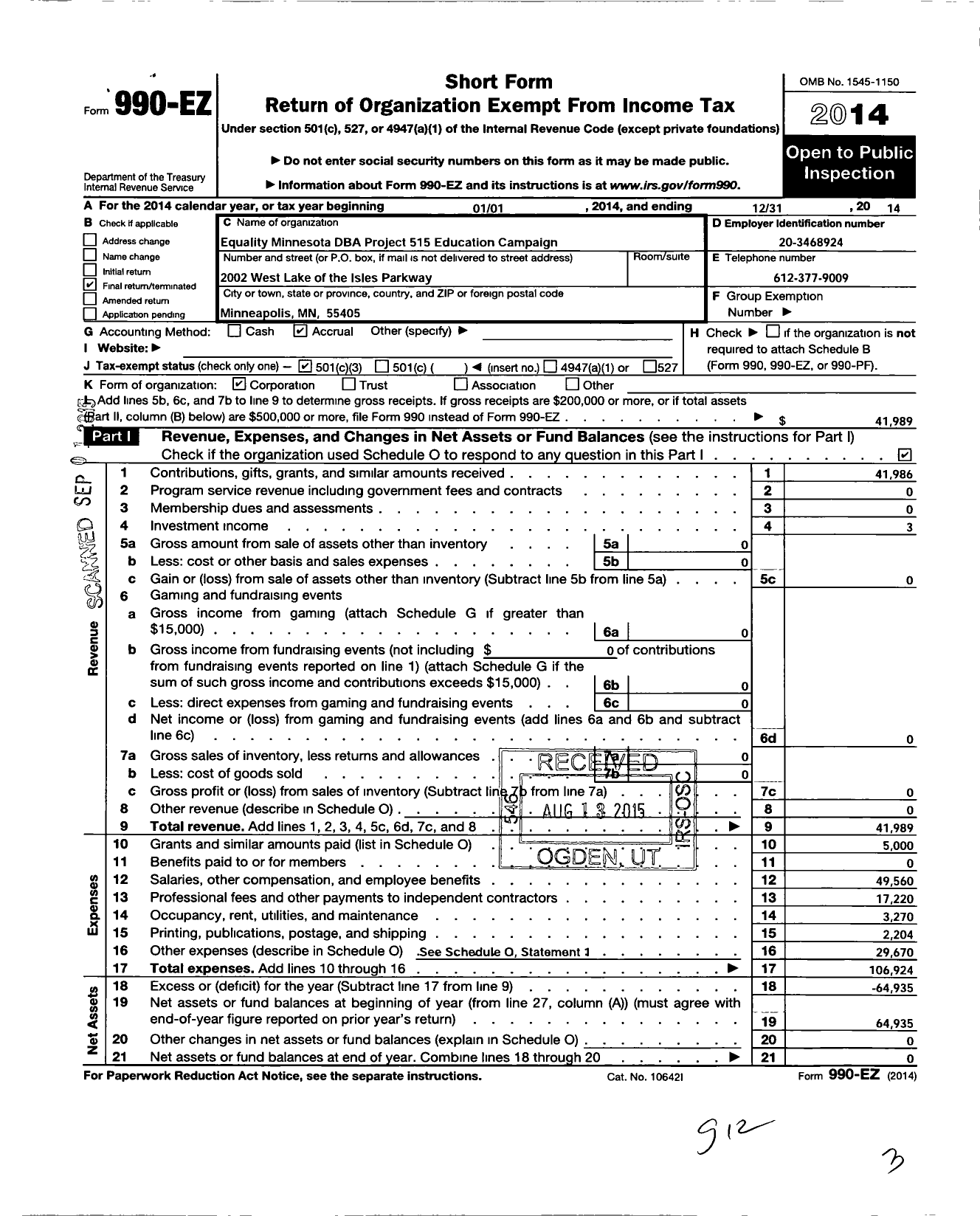Image of first page of 2014 Form 990EZ for Equality Minnesota