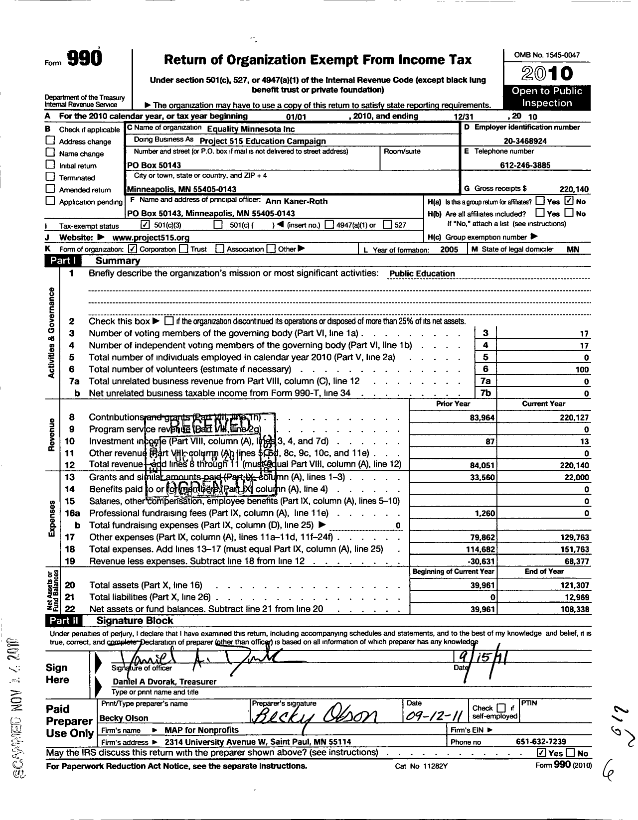 Image of first page of 2010 Form 990 for Equality Minnesota