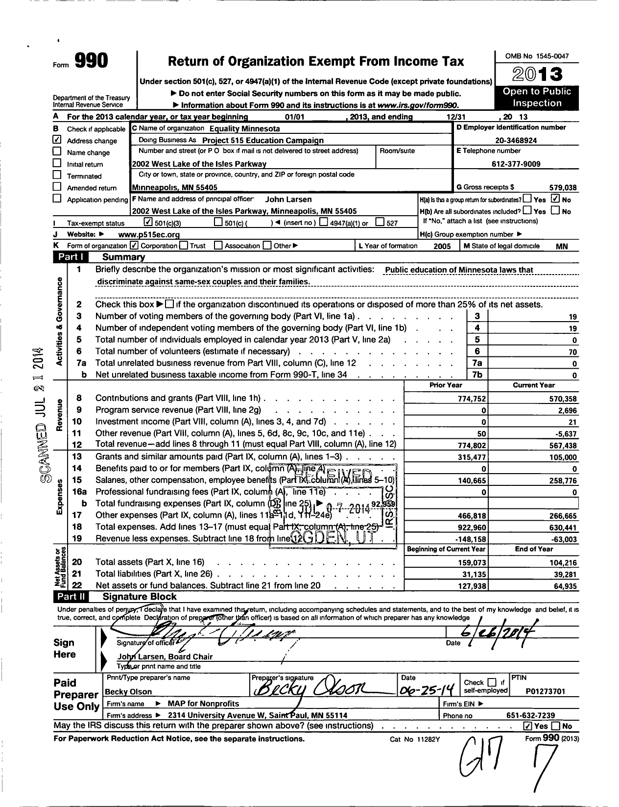 Image of first page of 2013 Form 990 for Equality Minnesota