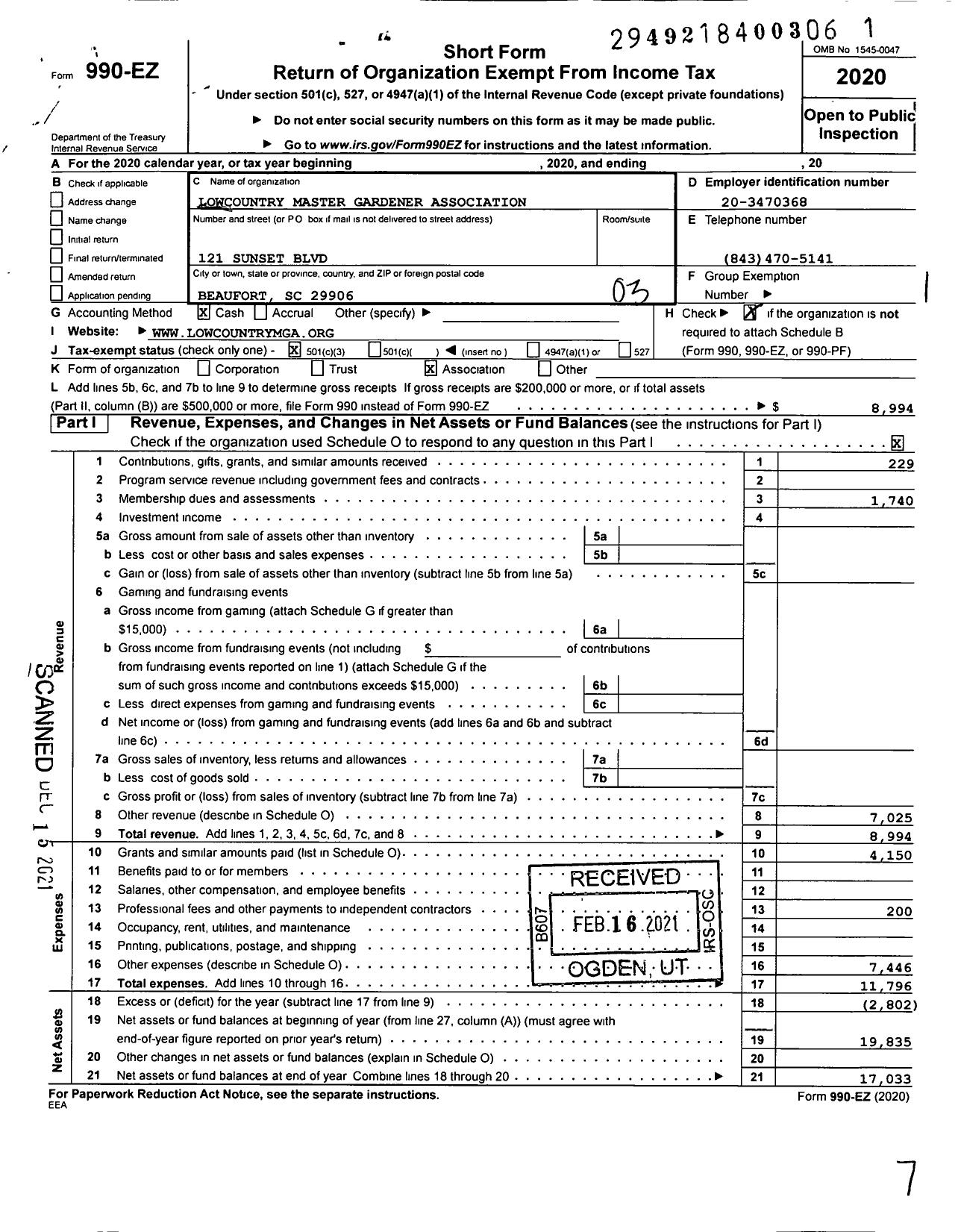 Image of first page of 2020 Form 990EZ for Lowcountry Master Gardener Association