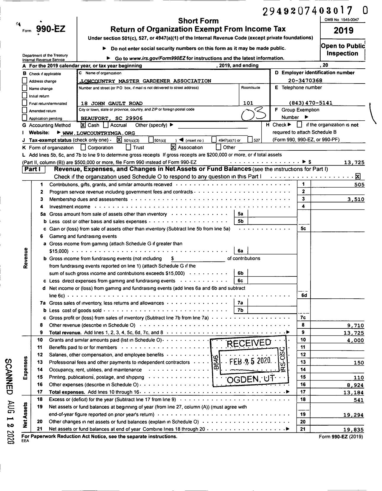 Image of first page of 2019 Form 990EZ for Lowcountry Master Gardener Association