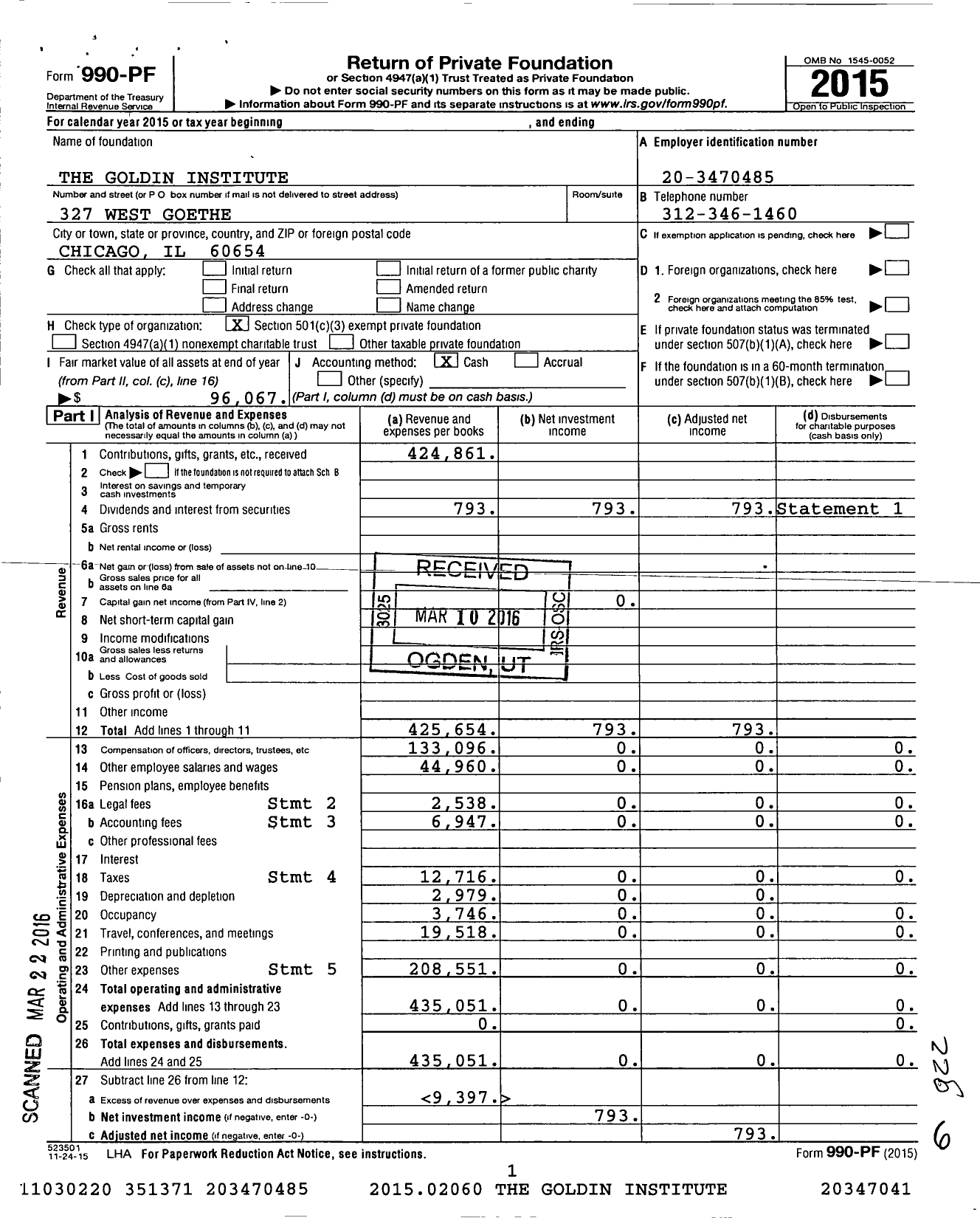 Image of first page of 2015 Form 990PF for Goldin Institute