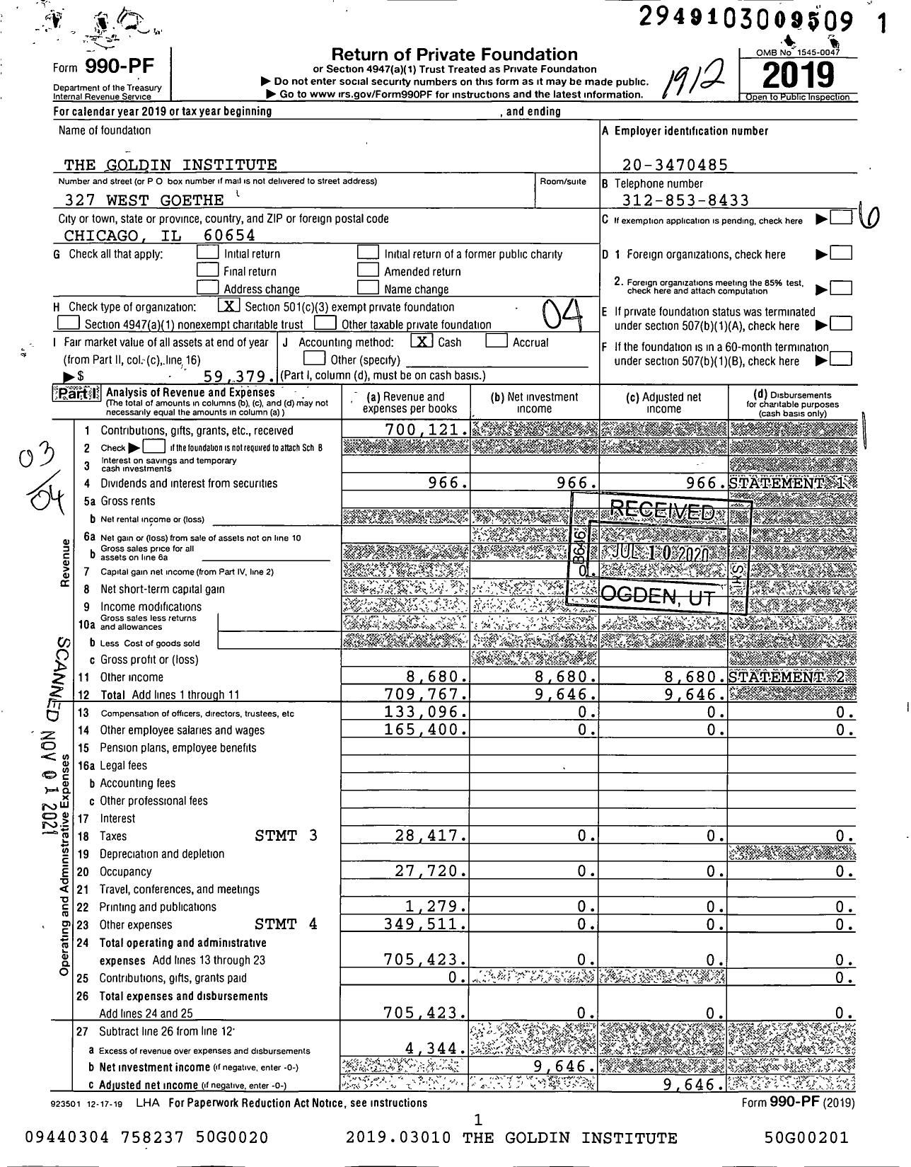 Image of first page of 2019 Form 990PF for Goldin Institute