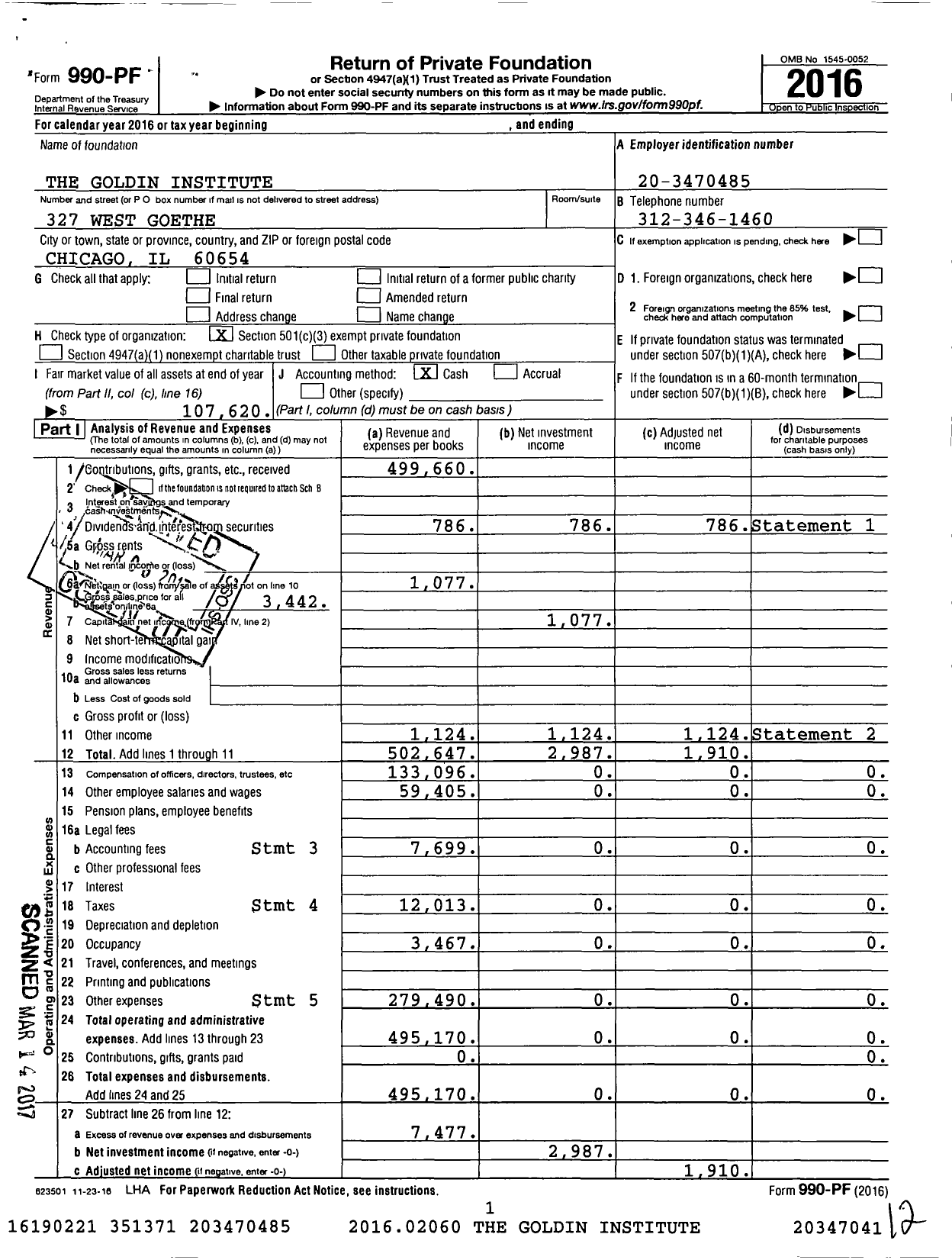 Image of first page of 2016 Form 990PF for Goldin Institute