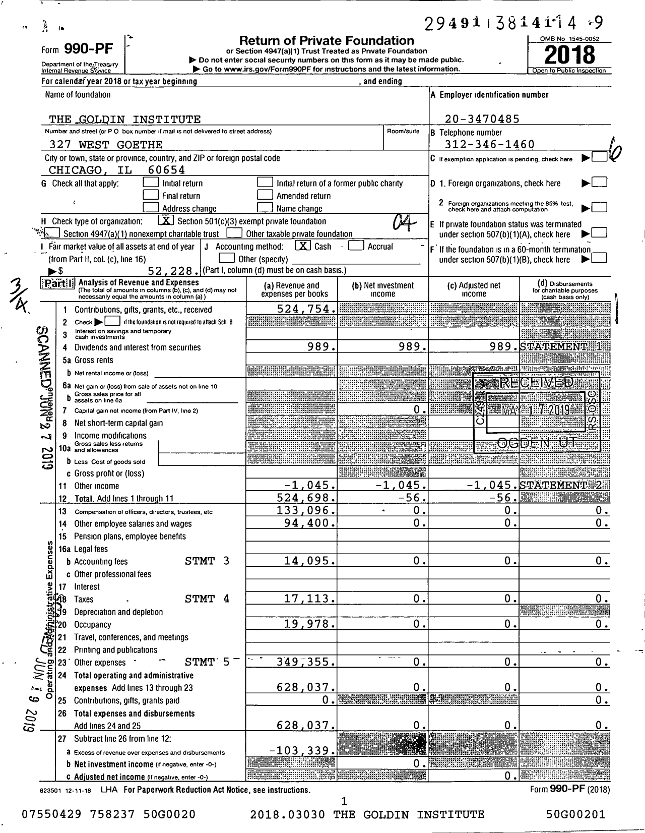 Image of first page of 2018 Form 990PF for Goldin Institute