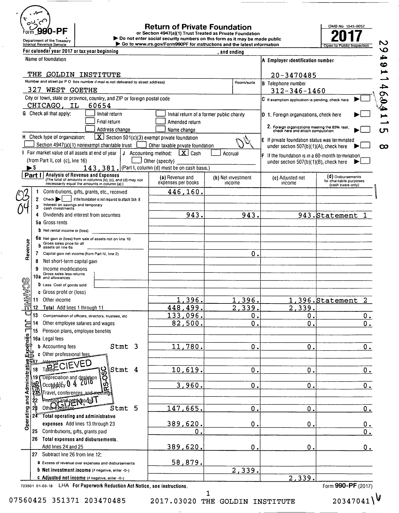 Image of first page of 2017 Form 990PF for Goldin Institute