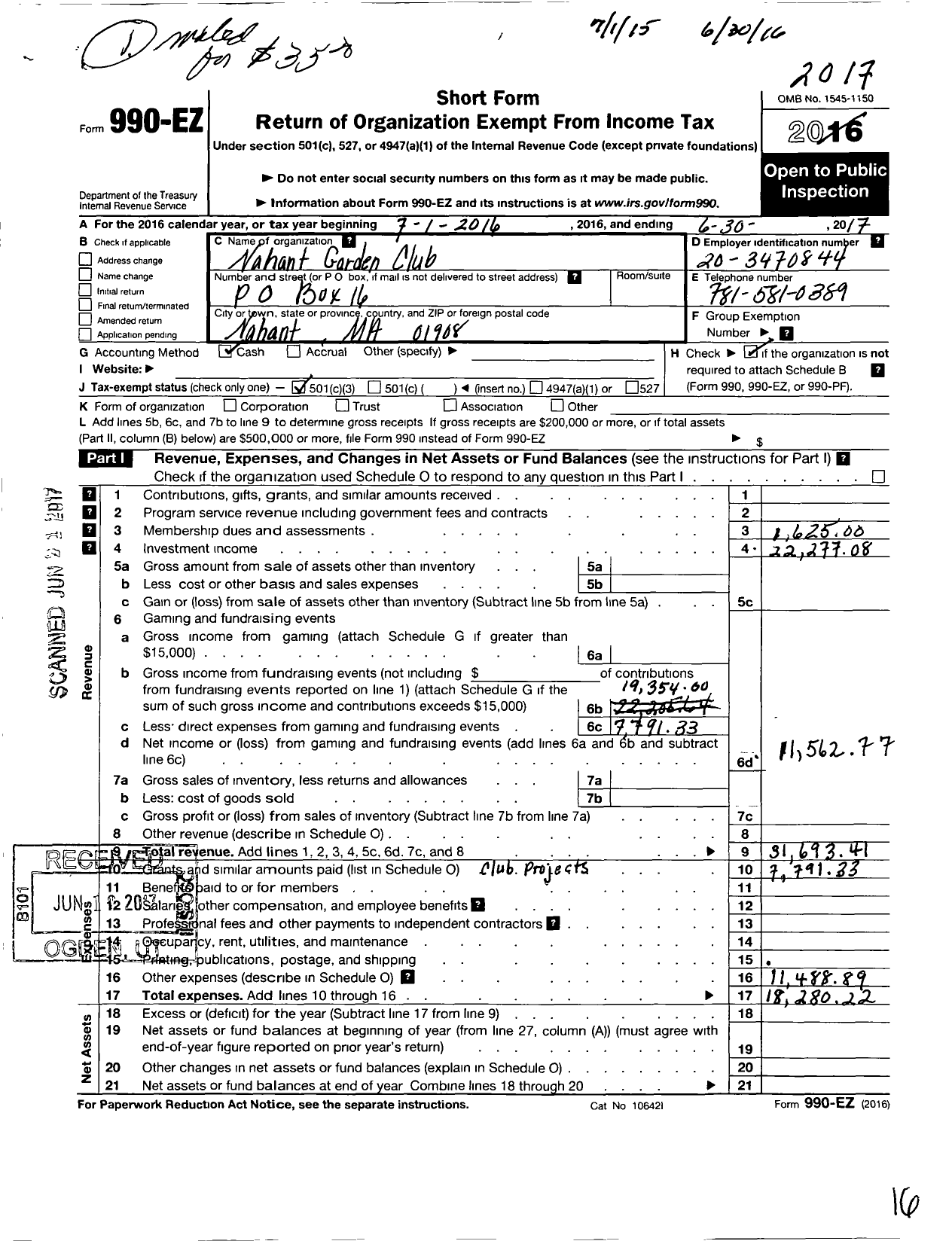 Image of first page of 2016 Form 990EZ for Garden Club Federation of Massachusetts / Nahant Garden Club