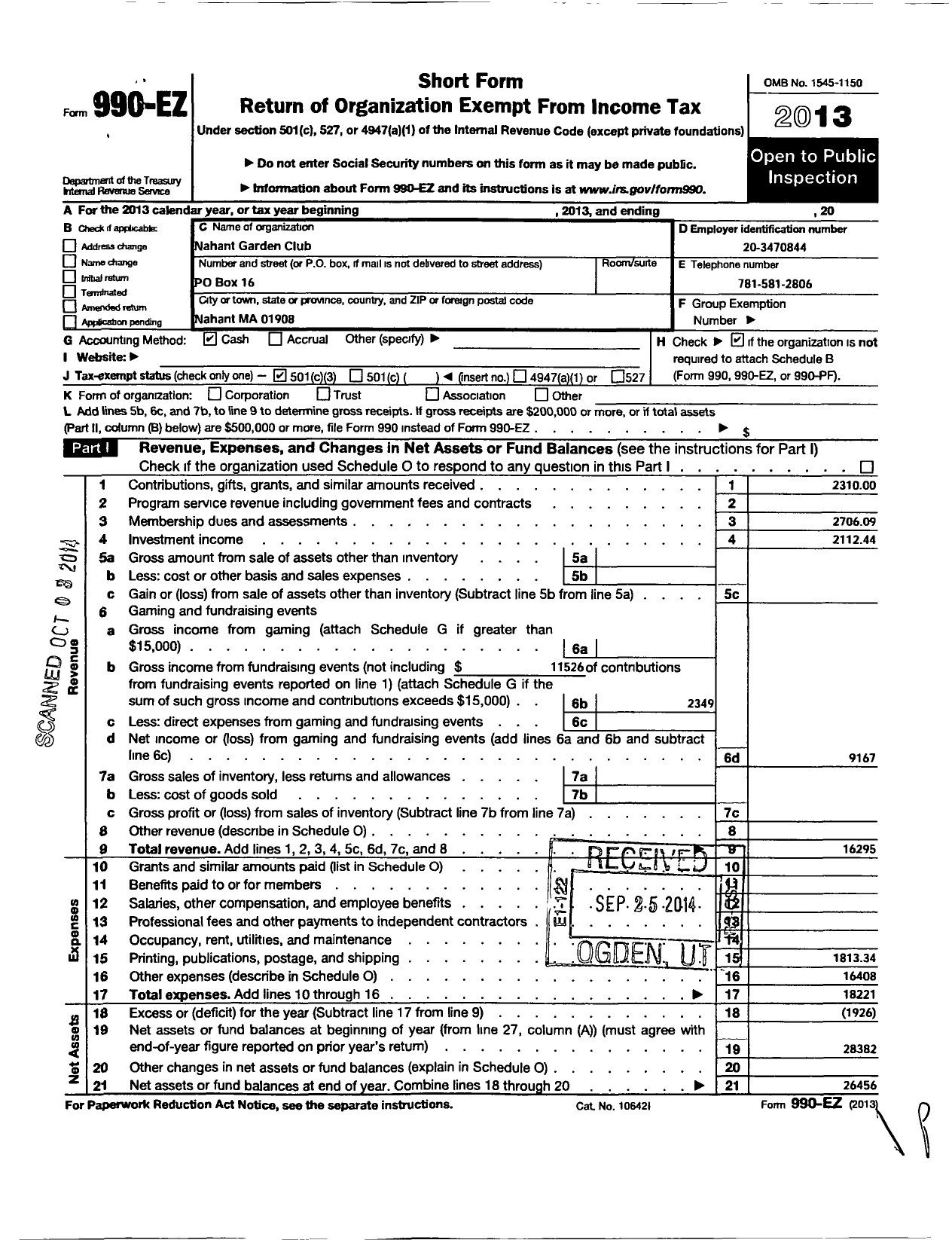 Image of first page of 2013 Form 990EZ for Garden Club Federation of Massachusetts / Nahant Garden Club