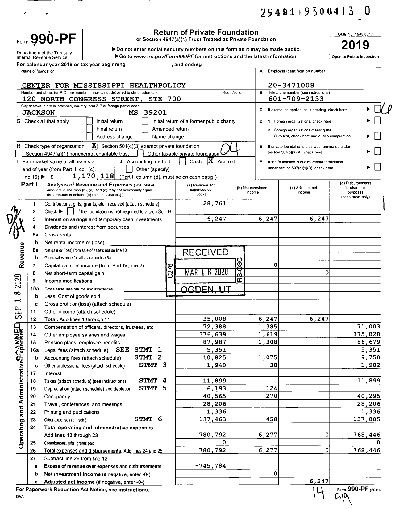 Image of first page of 2019 Form 990PR for Center for Mississippi Healthpolicy