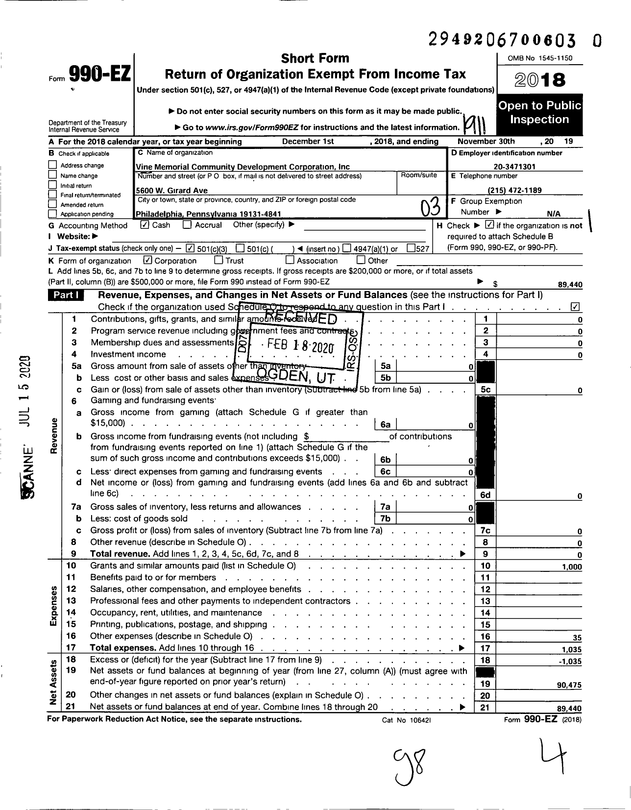 Image of first page of 2018 Form 990EZ for Vine Memorial Community Development Corporation