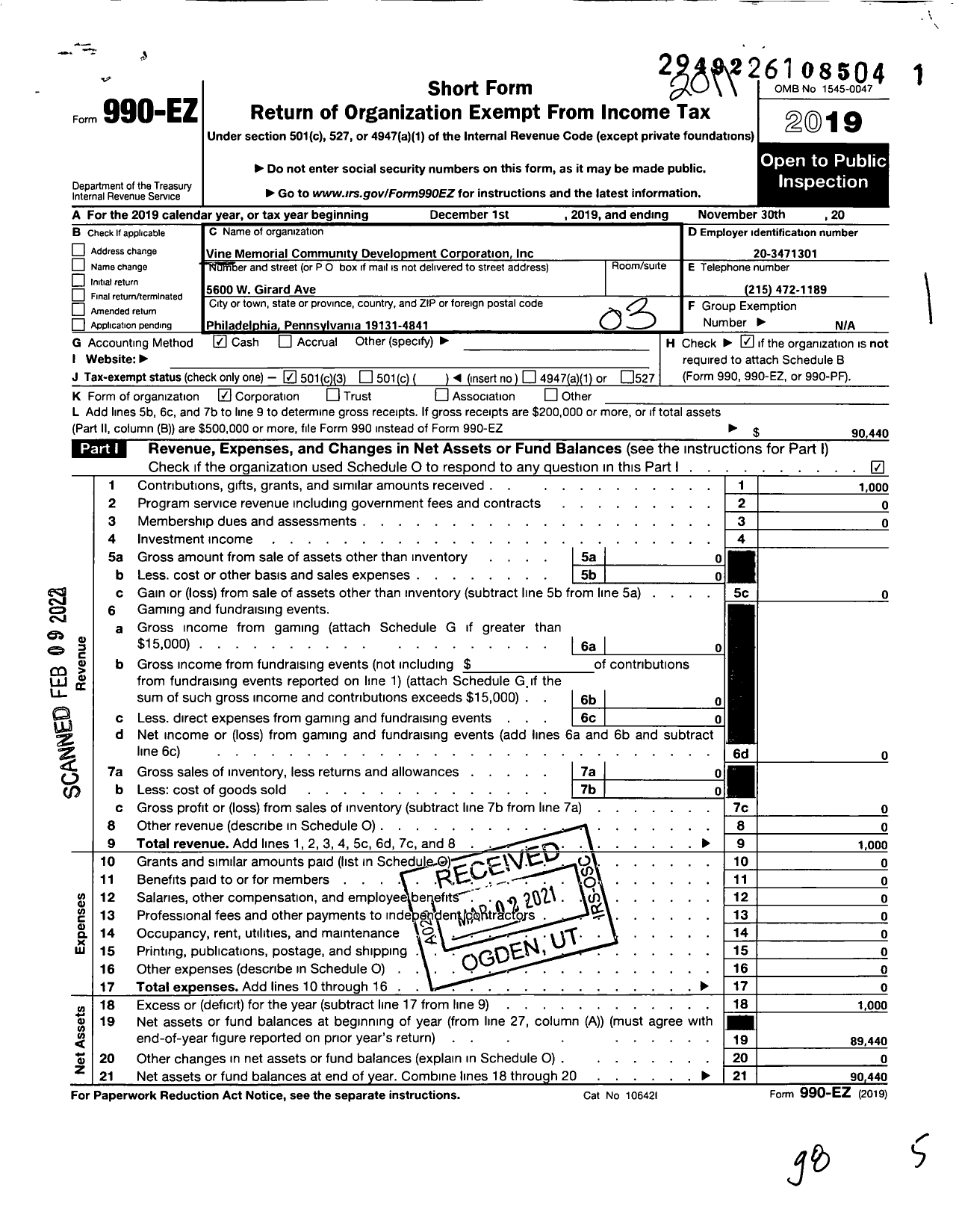 Image of first page of 2019 Form 990EZ for Vine Memorial Community Development Corporation