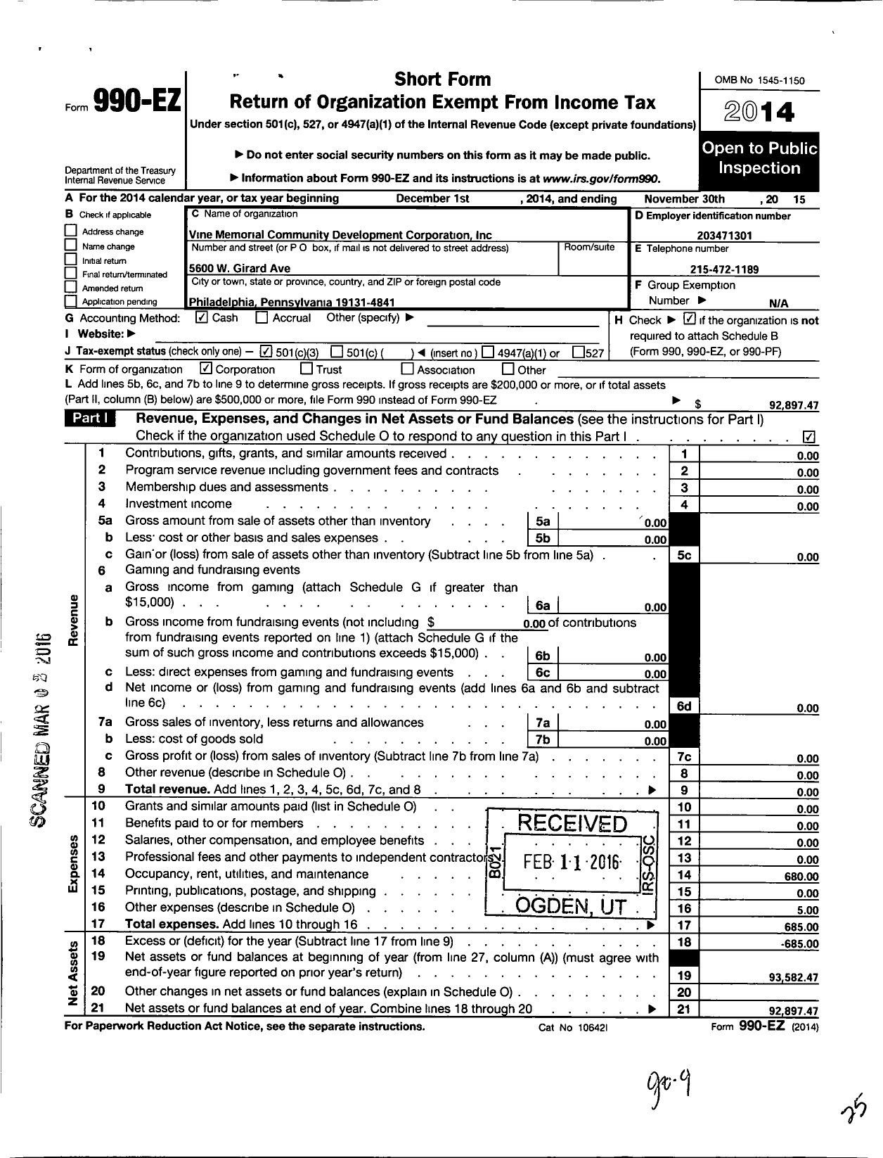 Image of first page of 2014 Form 990EZ for Vine Memorial Community Development Corporation