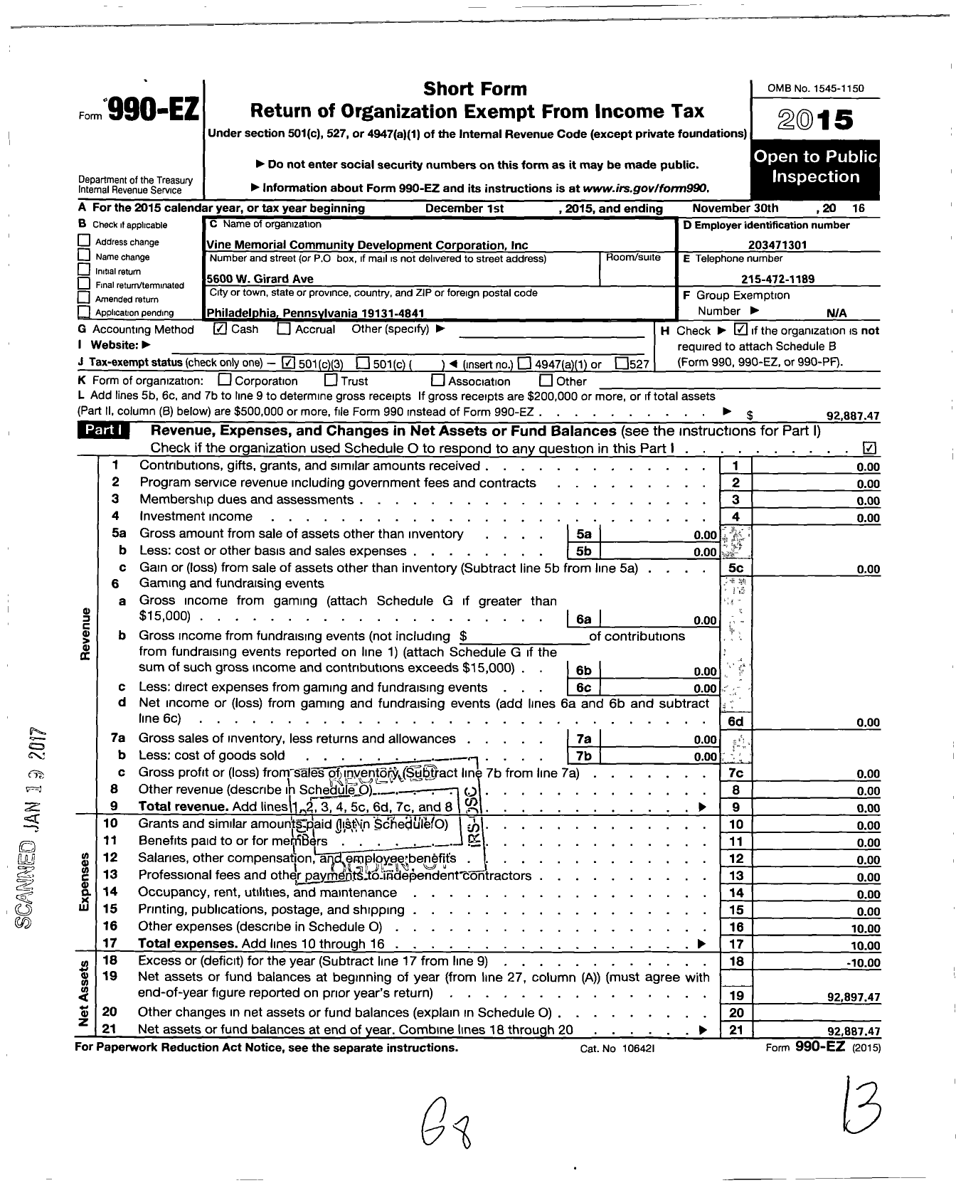 Image of first page of 2015 Form 990EZ for Vine Memorial Community Development Corporation