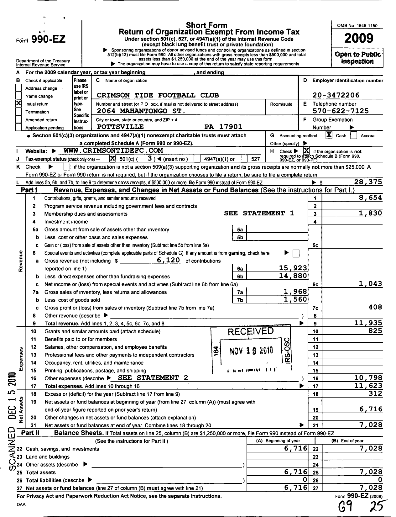 Image of first page of 2009 Form 990EZ for Crimson Tide Football Club