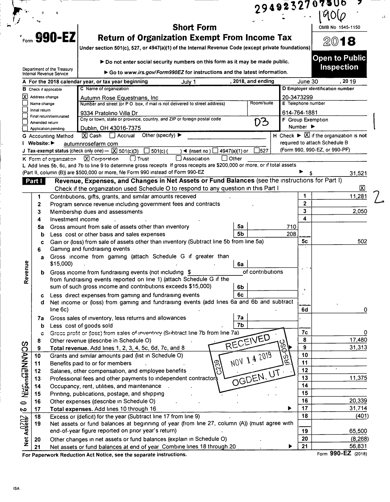 Image of first page of 2018 Form 990EZ for Autumn Rose Equestrians