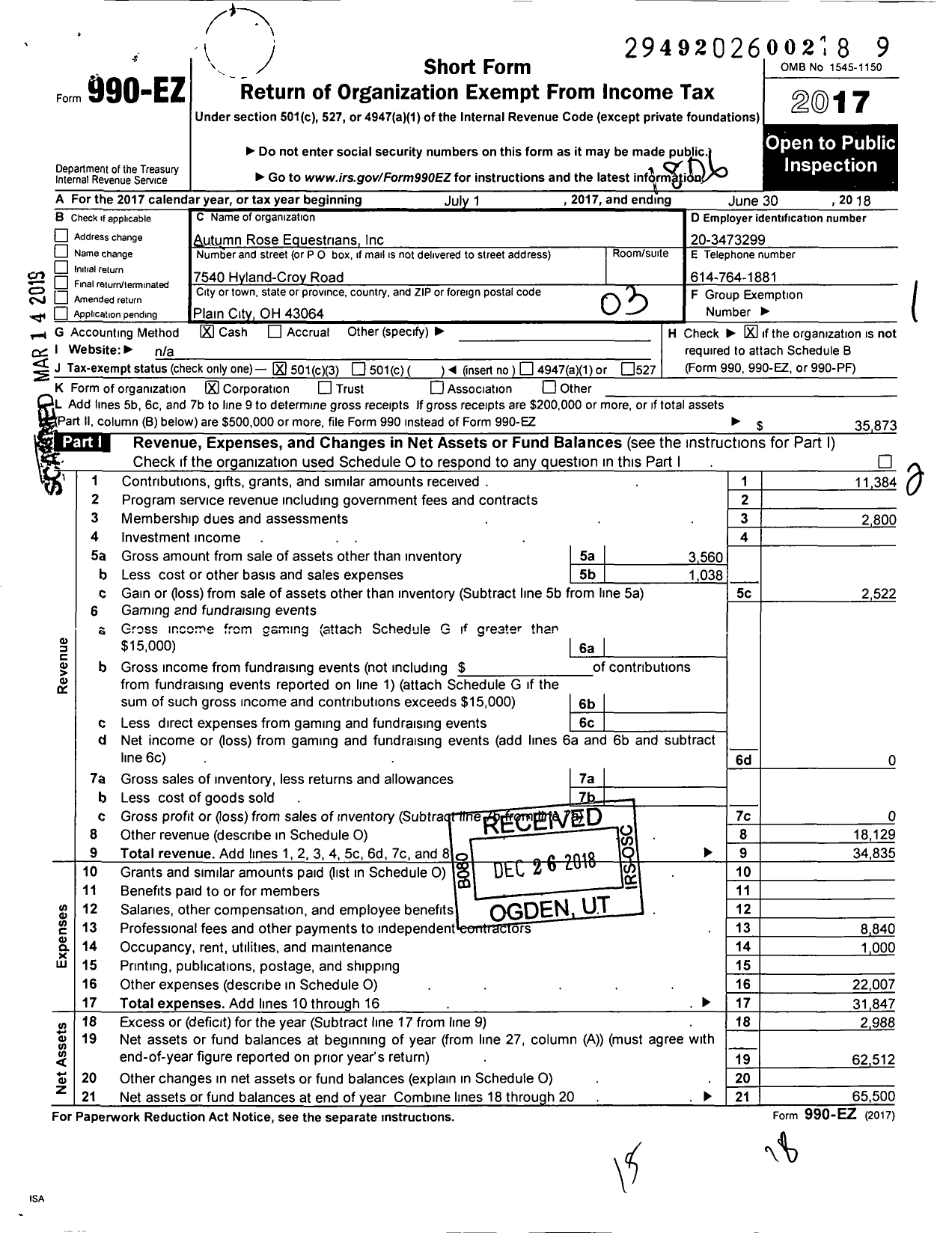 Image of first page of 2017 Form 990EZ for Autumn Rose Equestrians