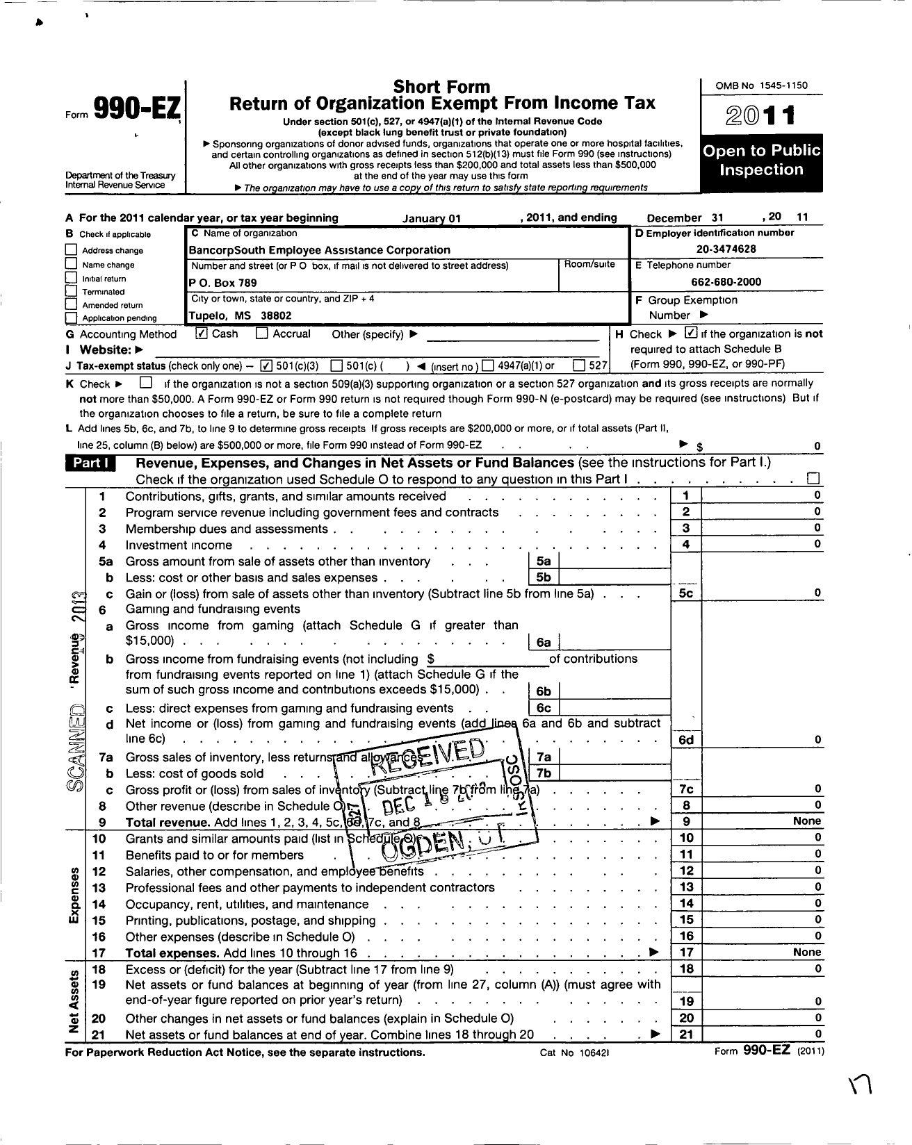 Image of first page of 2011 Form 990EZ for Bancorpsouth Employee Assistance Corporation