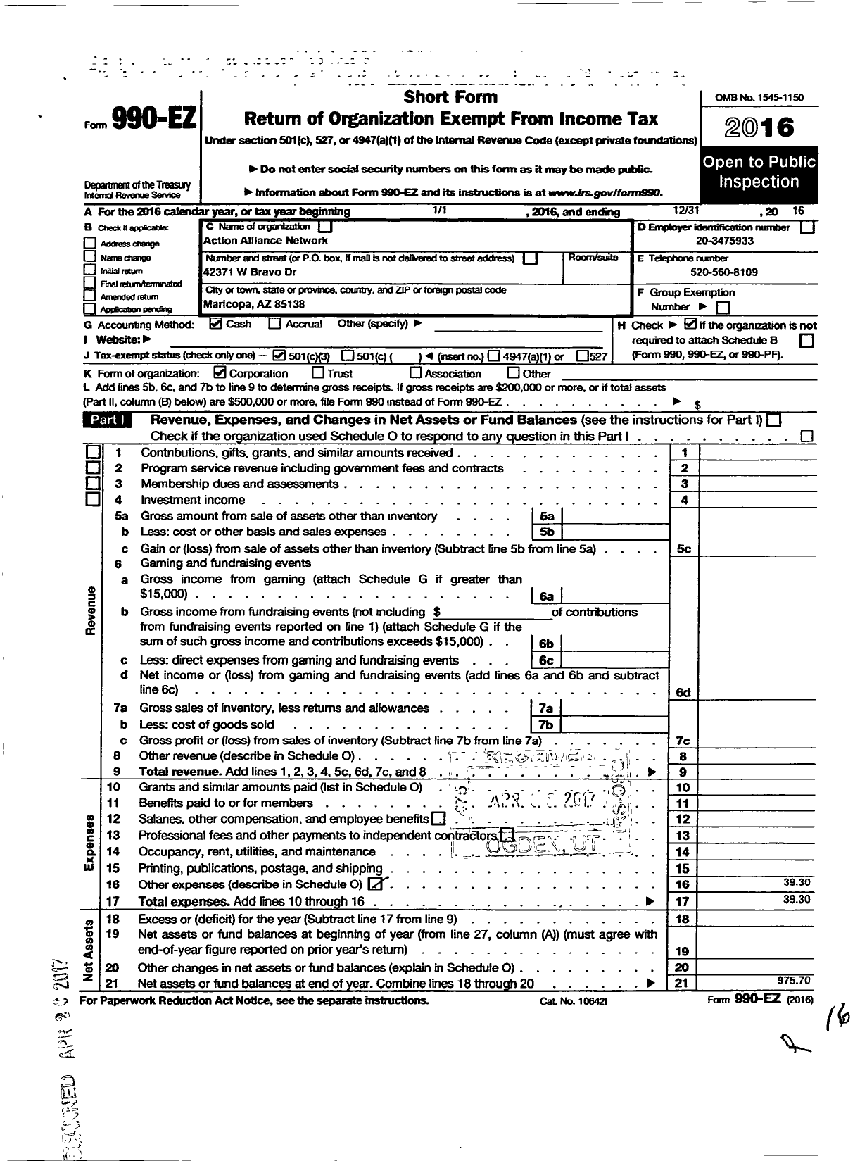 Image of first page of 2016 Form 990EZ for Action Alliance Network