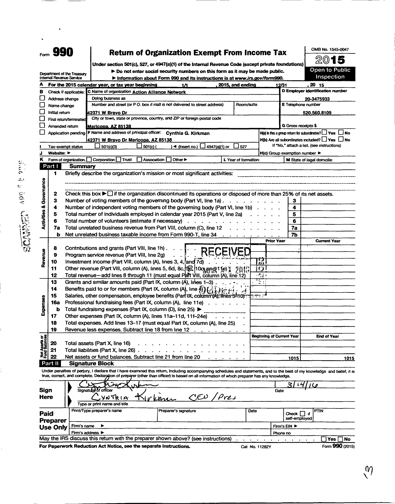 Image of first page of 2015 Form 990O for Action Alliance Network