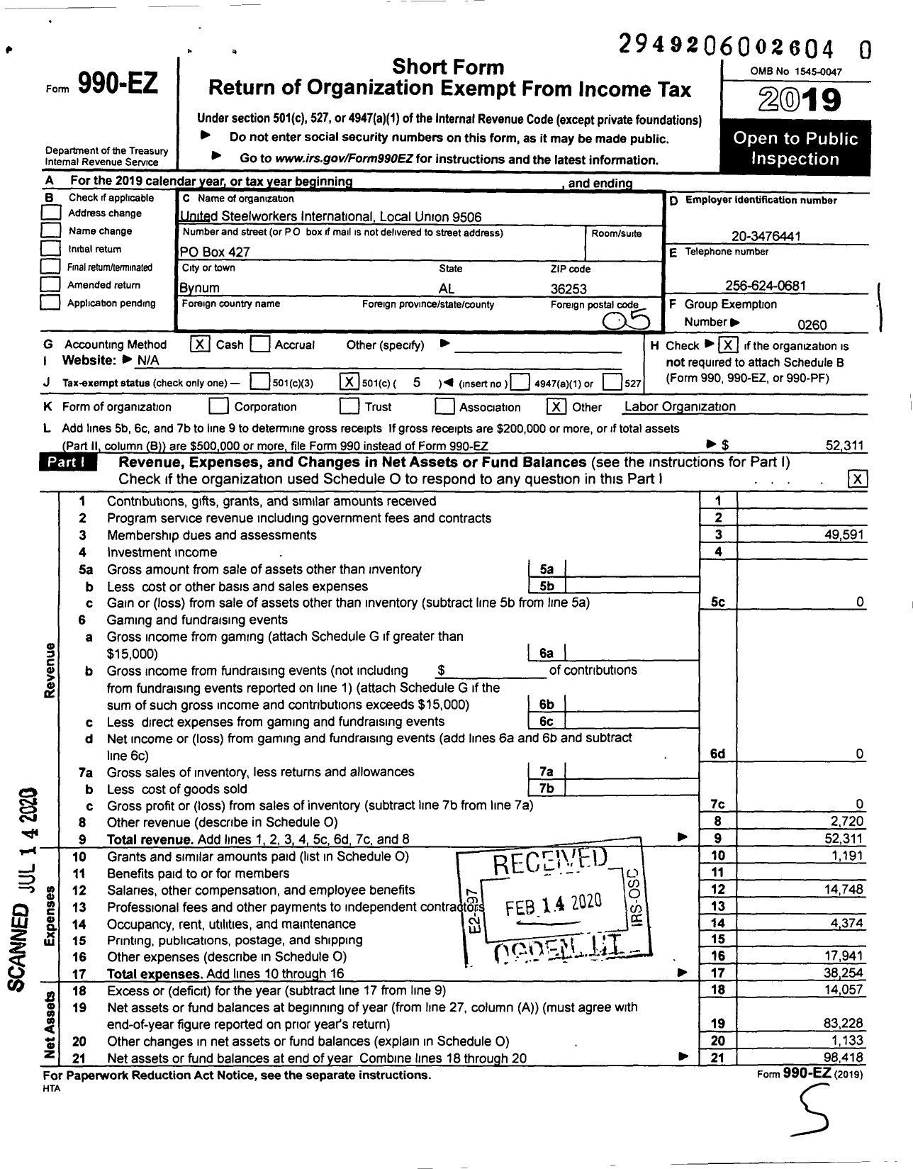 Image of first page of 2019 Form 990EO for United Steelworkers - 09506 Local