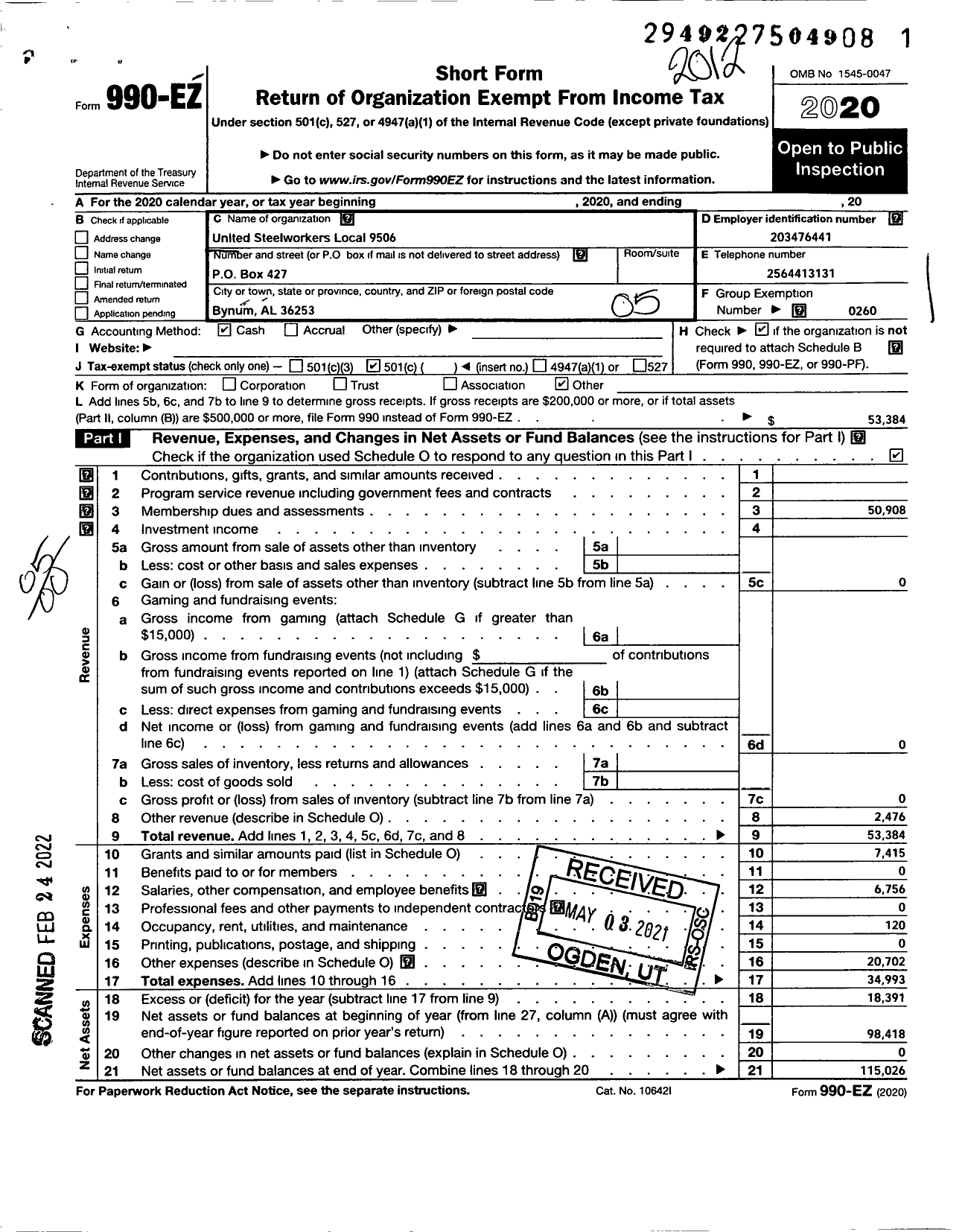 Image of first page of 2020 Form 990EO for United Steelworkers - 09506 Local