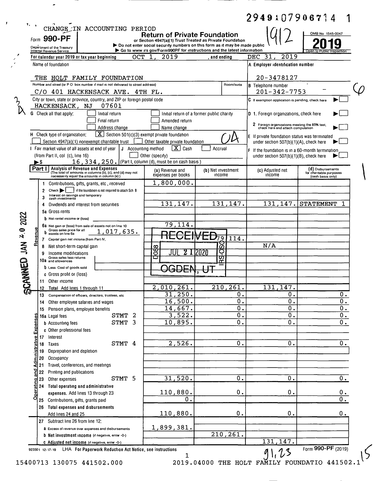 Image of first page of 2019 Form 990PF for The Holt Family Foundation