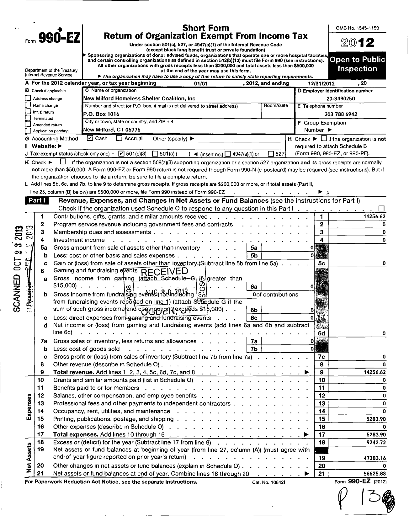 Image of first page of 2012 Form 990EZ for New Milford Homeless Shelter Coalition