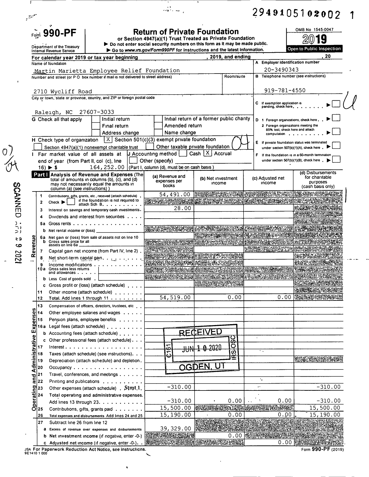 Image of first page of 2019 Form 990PF for Martin Marietta Employee Relief Foundation