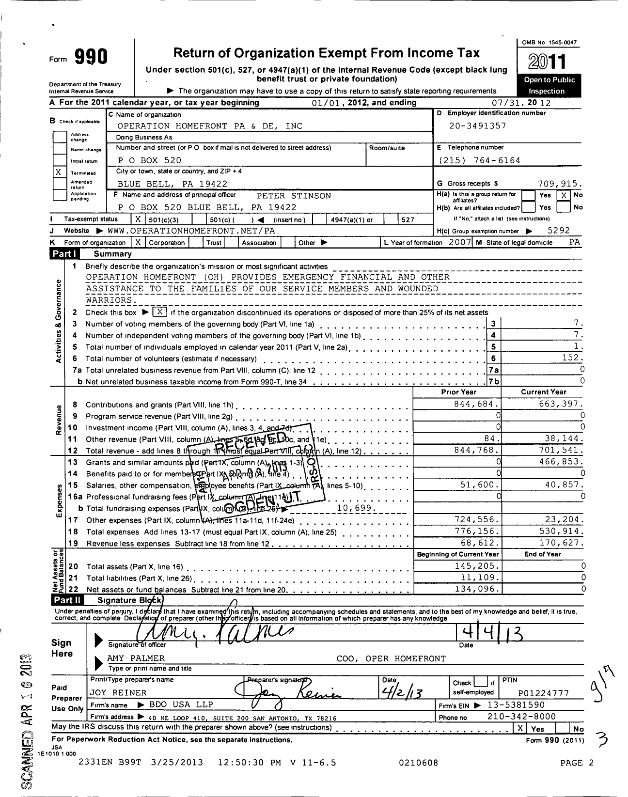 Image of first page of 2011 Form 990 for Operation Homefront of Pa and de