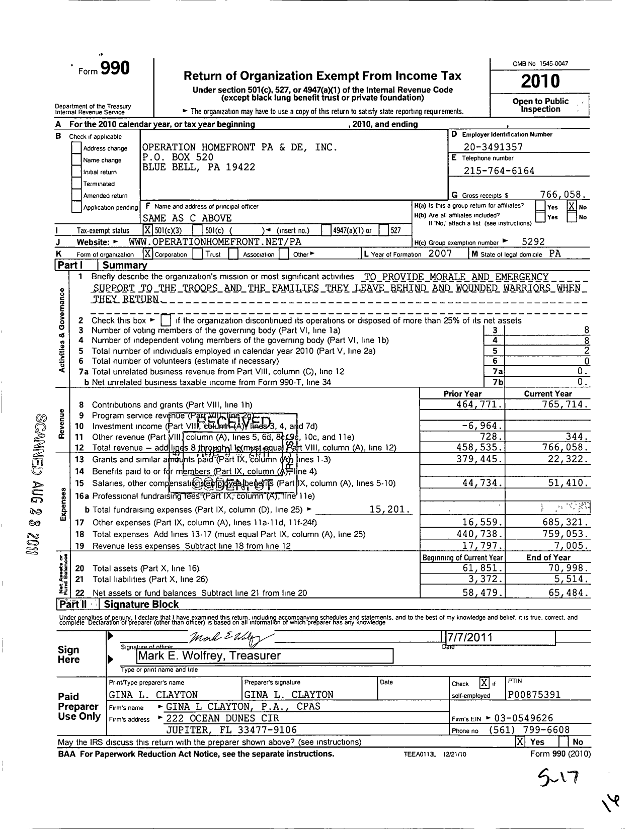 Image of first page of 2010 Form 990 for Operation Homefront of Pa and de