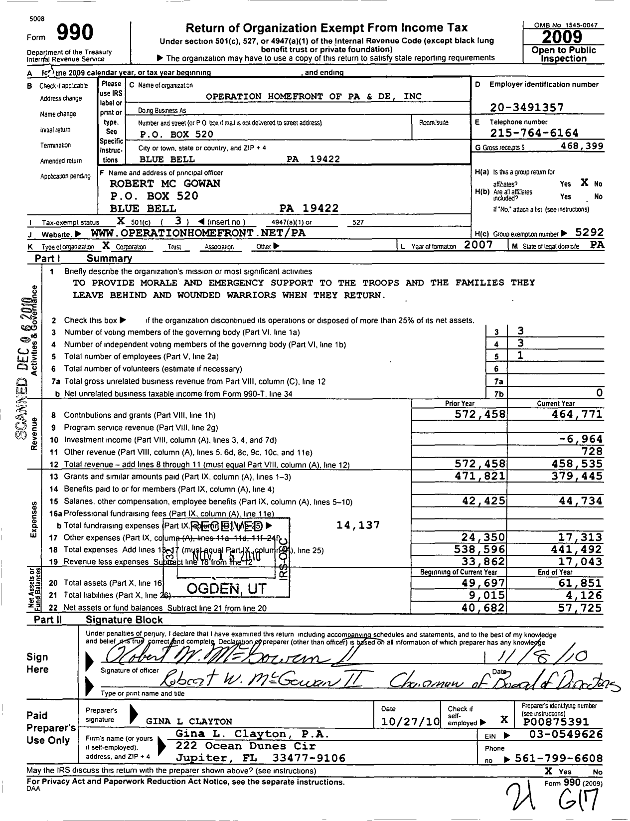 Image of first page of 2009 Form 990 for Operation Homefront of Pa and de