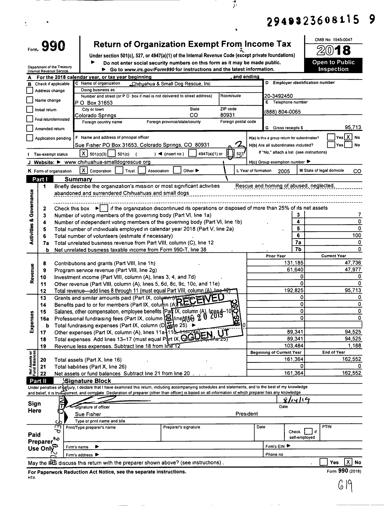 Image of first page of 2018 Form 990 for Chihuahua and Small Dog Rescue