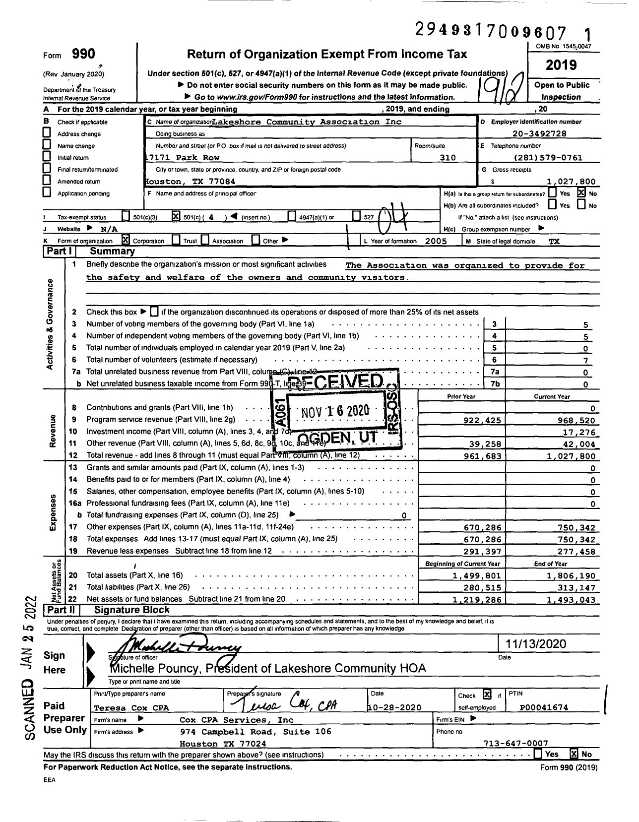 Image of first page of 2019 Form 990O for Lakeshore Community Association