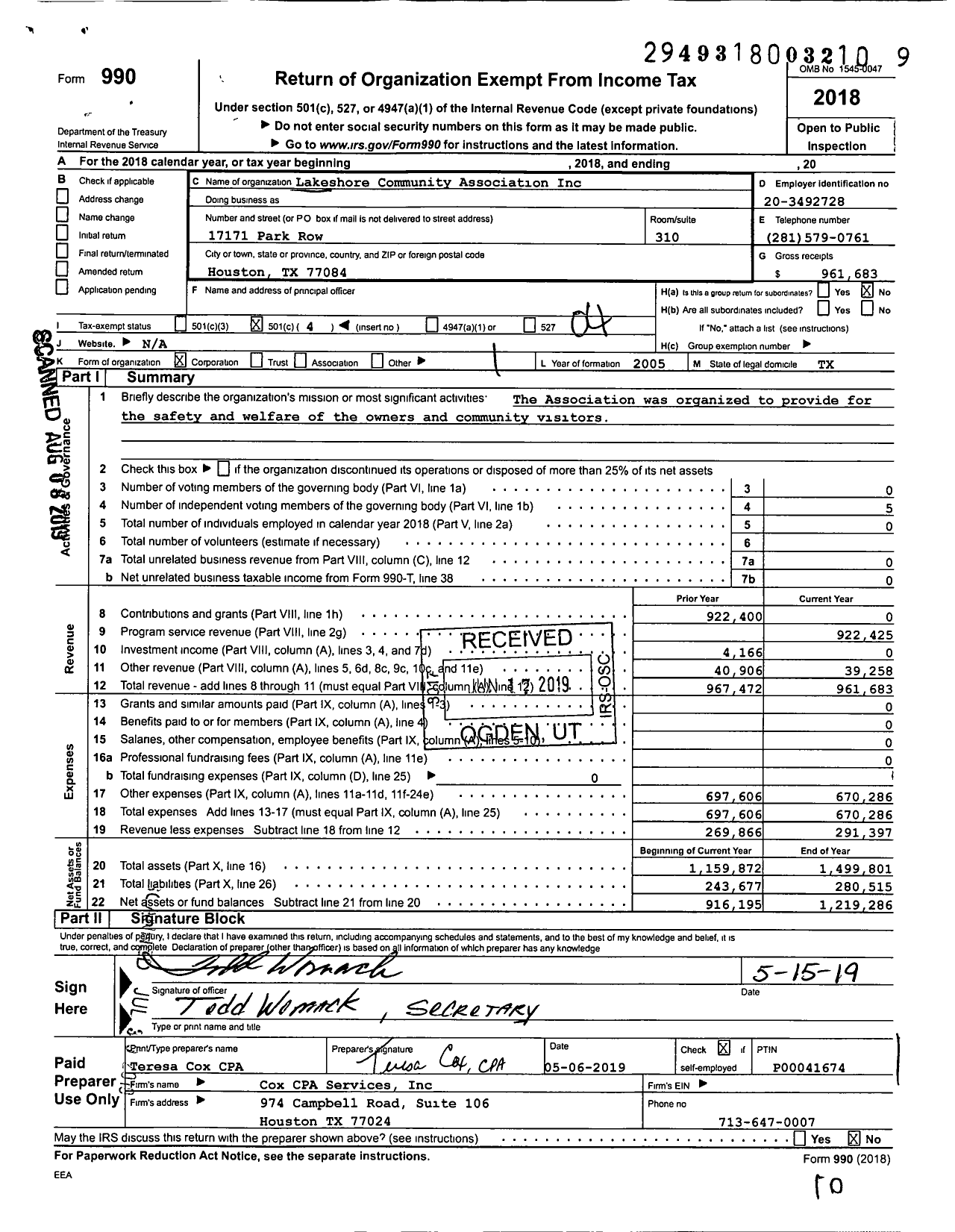 Image of first page of 2018 Form 990O for Lakeshore Community Association