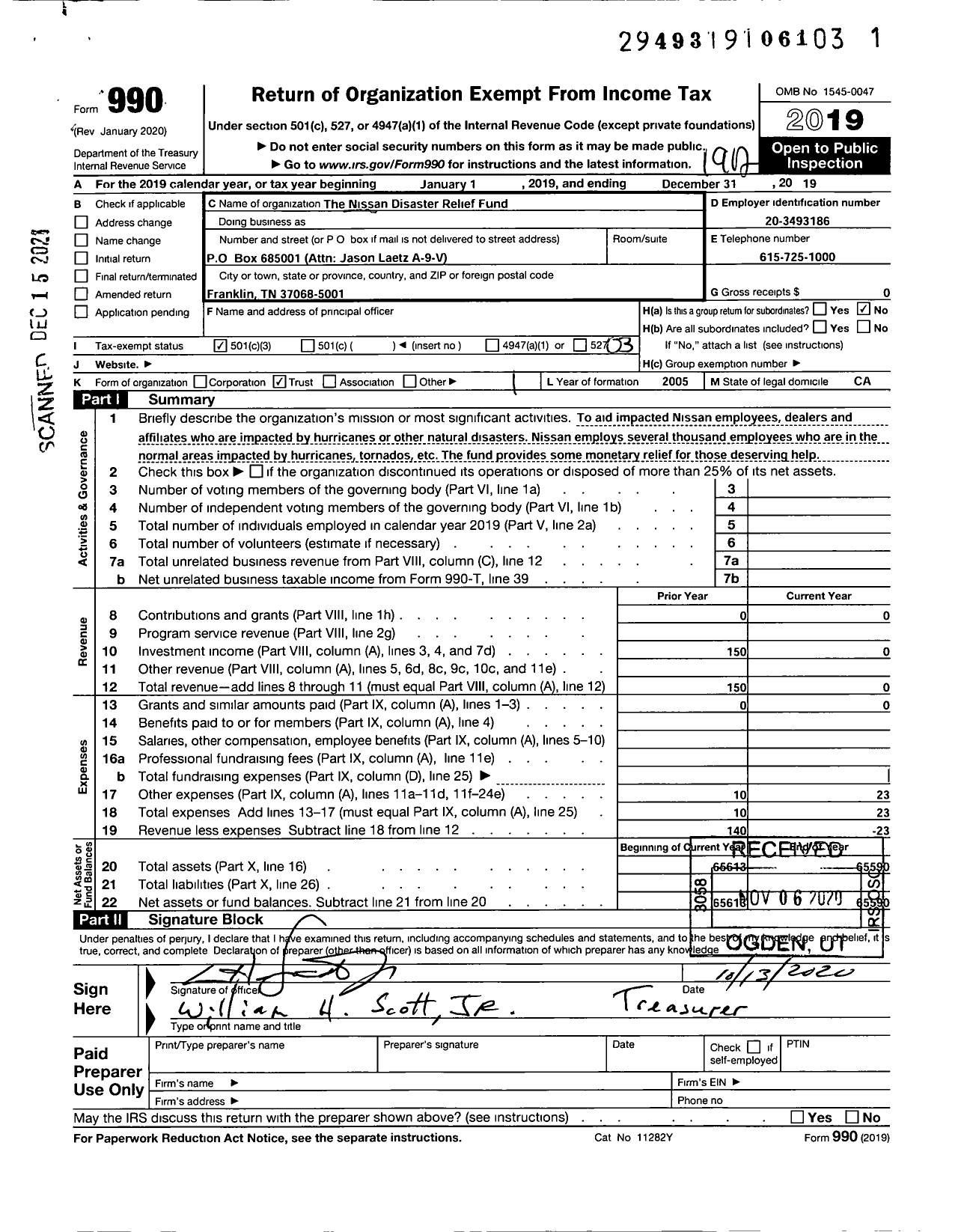 Image of first page of 2019 Form 990 for Nissan Disaster Relief Fund