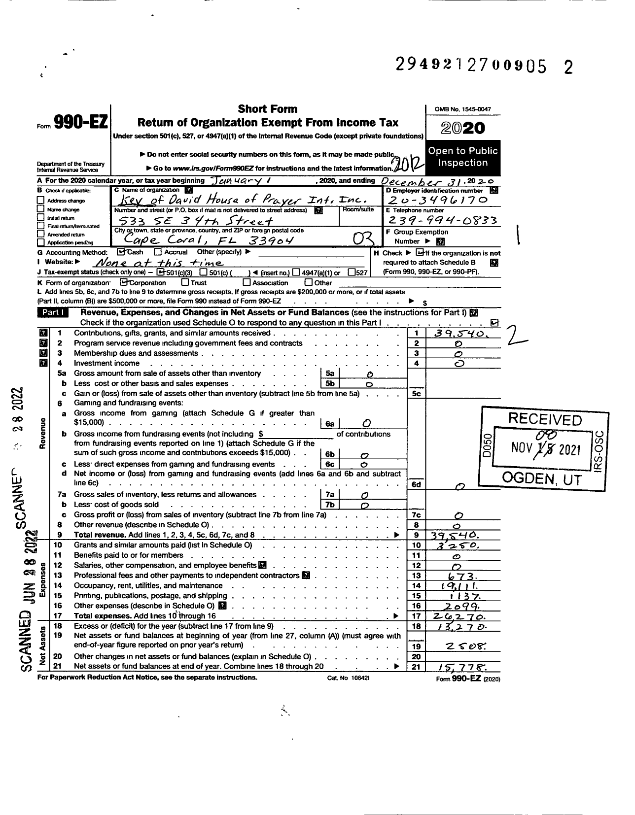 Image of first page of 2020 Form 990EZ for Key of David House of Prayer International