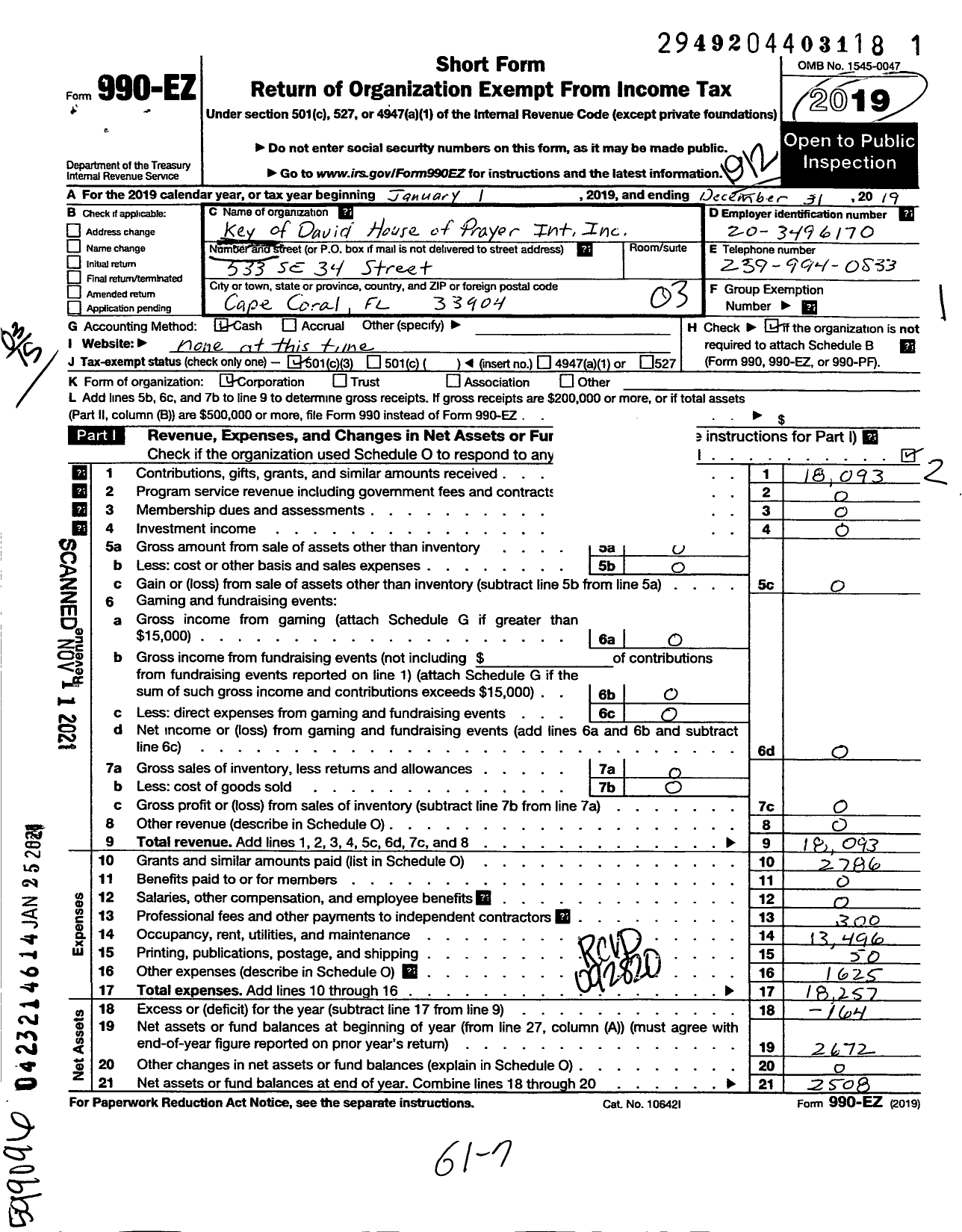 Image of first page of 2019 Form 990EZ for Key of David House of Prayer International