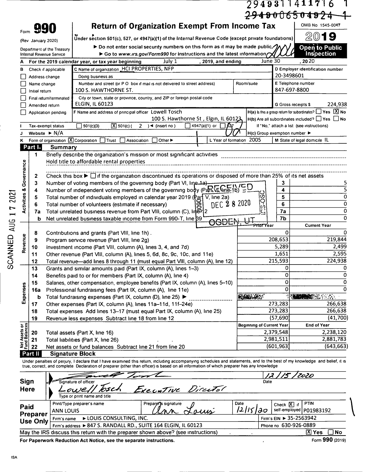 Image of first page of 2019 Form 990O for Hci Properties NFP