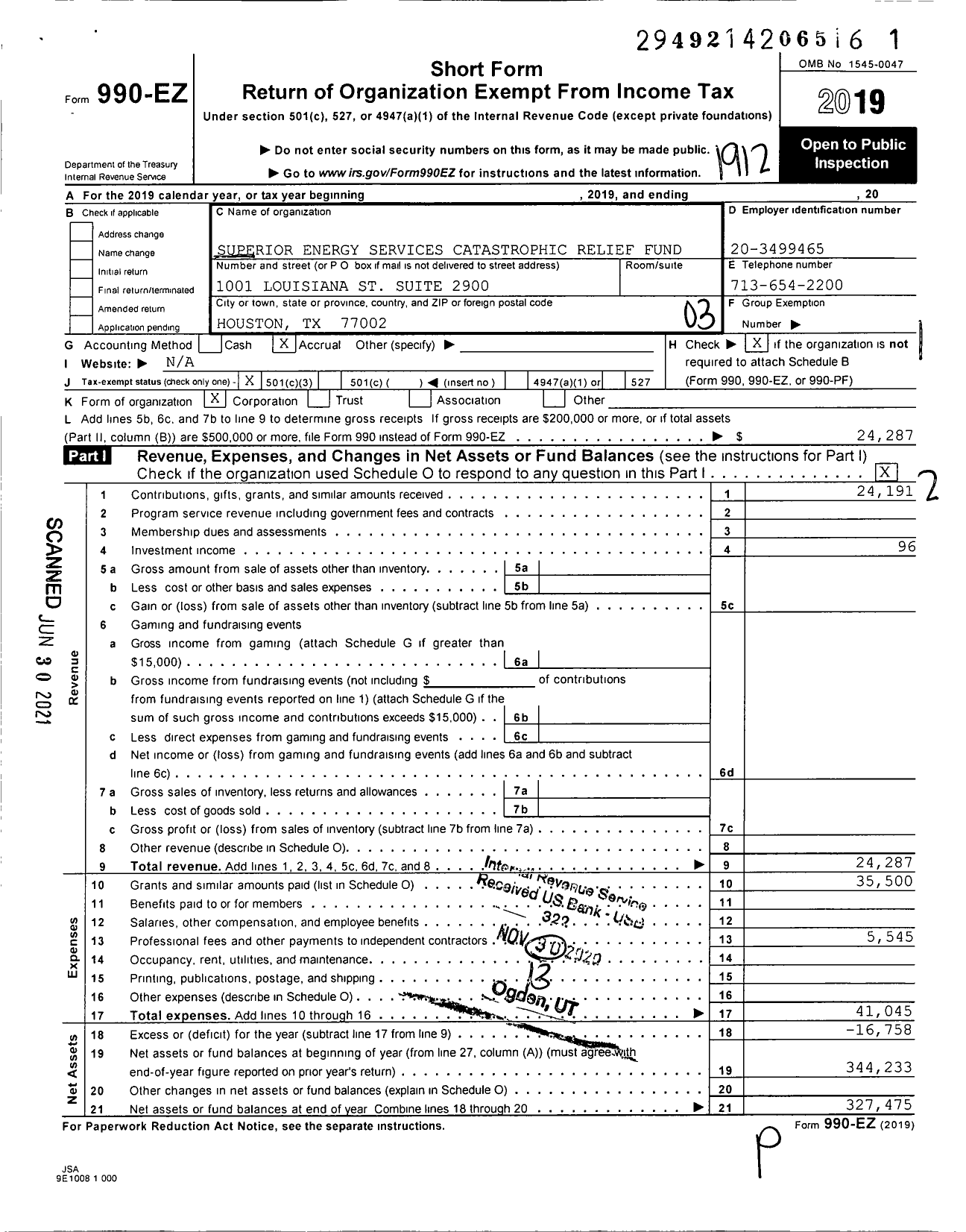 Image of first page of 2019 Form 990EZ for Superior Energy Services Catastrophic Relief Fund